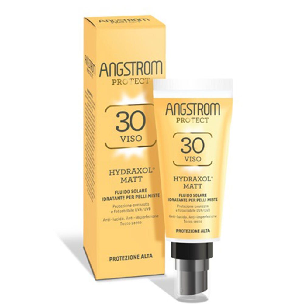 Tubo e scatola gialli ANGSTROM PROTECT, 30 Viso, Hydraxiol Matt. Fluido solare per il viso.