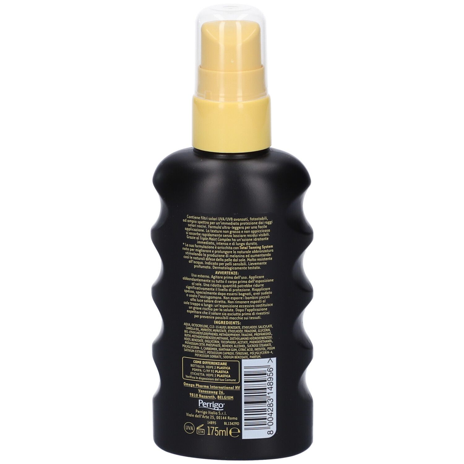 Retro del flacone nero con erogatore giallo. Testo e codice a barre. In basso: 175ml.
