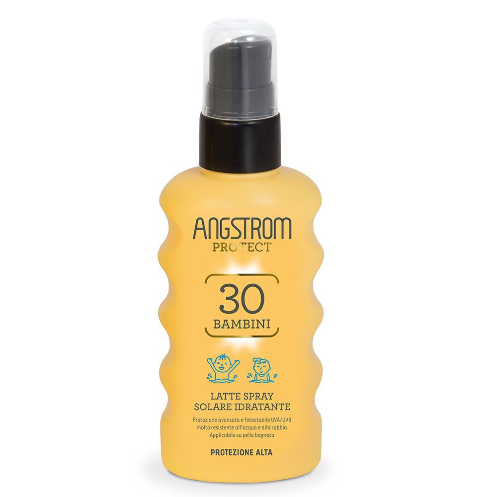 Flacone giallo di spray solare. Scritta: ANGSTROM PROTECT 30 BAMBINI. Con erogatore a spruzzo.