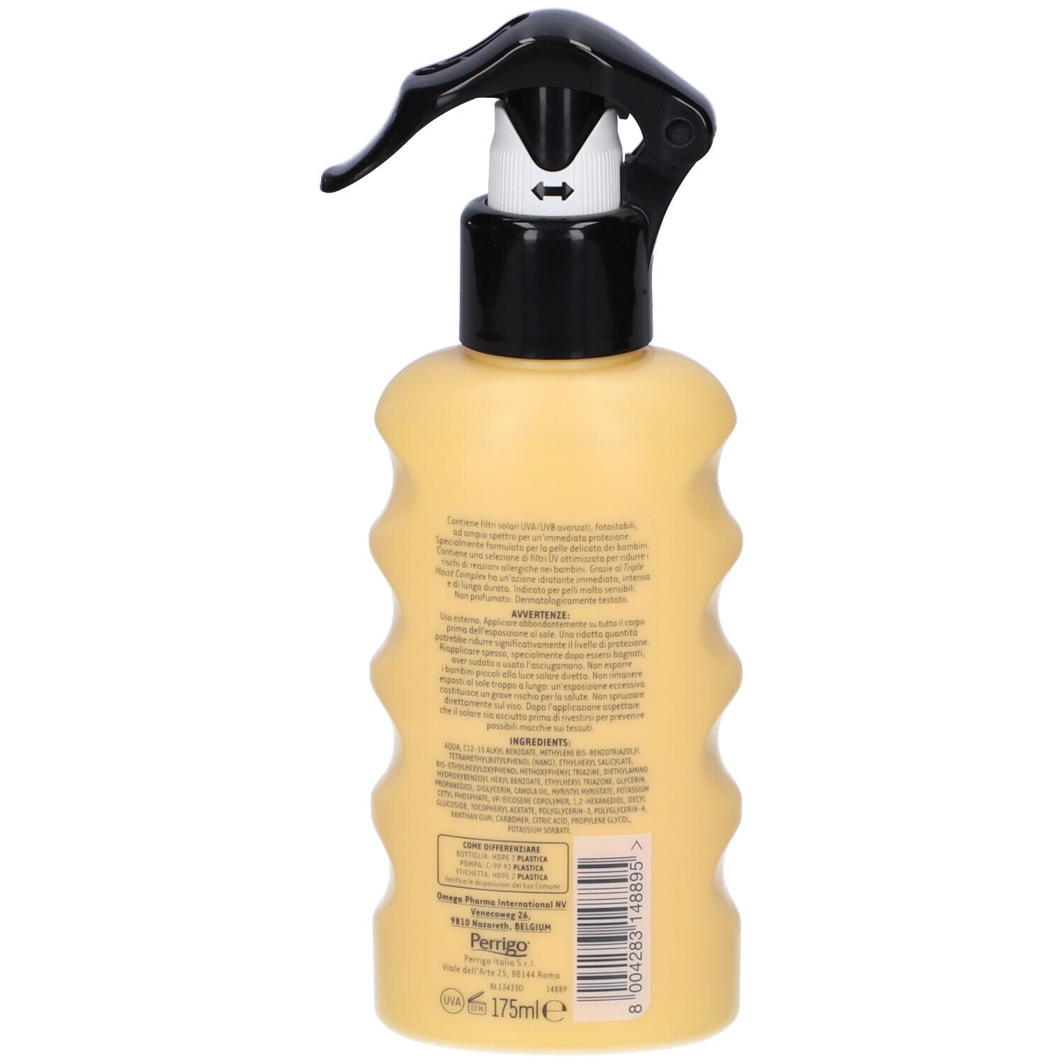 Retro del flacone di spray solare. Flacone giallo con erogatore nero. Testo e ingredienti.