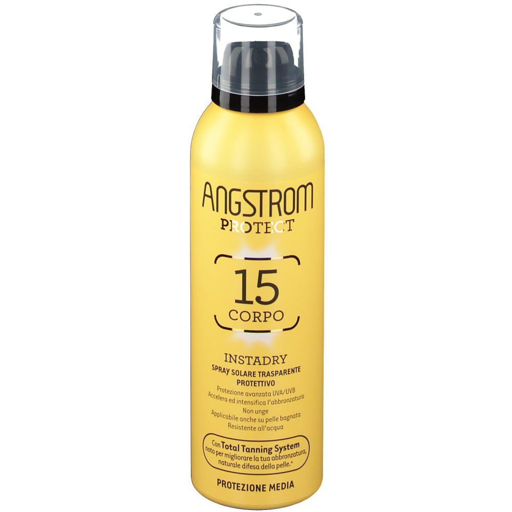 Flacone spray giallo con tappo nero. Scritte: Angstrom Protect, 15, Instadry Spray Solare Trasparente Protettivo.