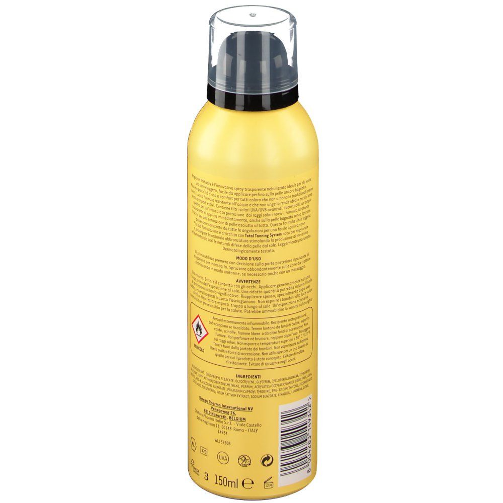 Flacone spray giallo con tappo nero. Retro con testo, avvertenze e codice a barre. Indicazione di 150 ml.