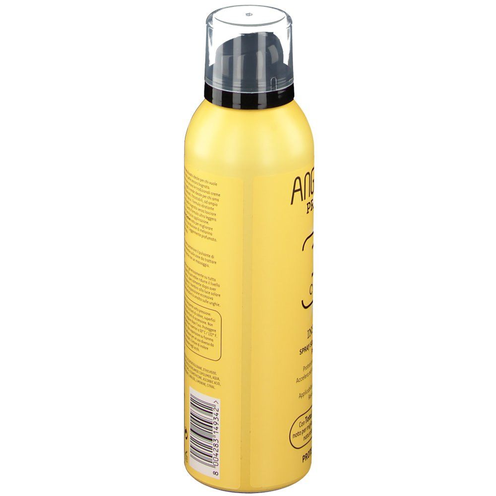 Flacone spray giallo con tappo nero. Retro con testo e codice a barre. Indicazione di 150 ml.