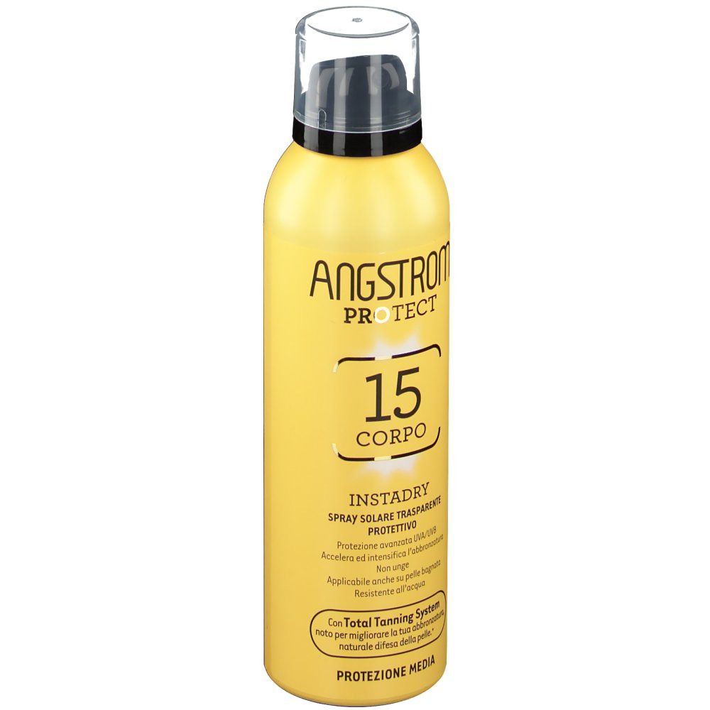 Flacone spray giallo con tappo nero. Scritte: Angstrom Protect, 15, Instadry Spray Solare Trasparente Protettivo.