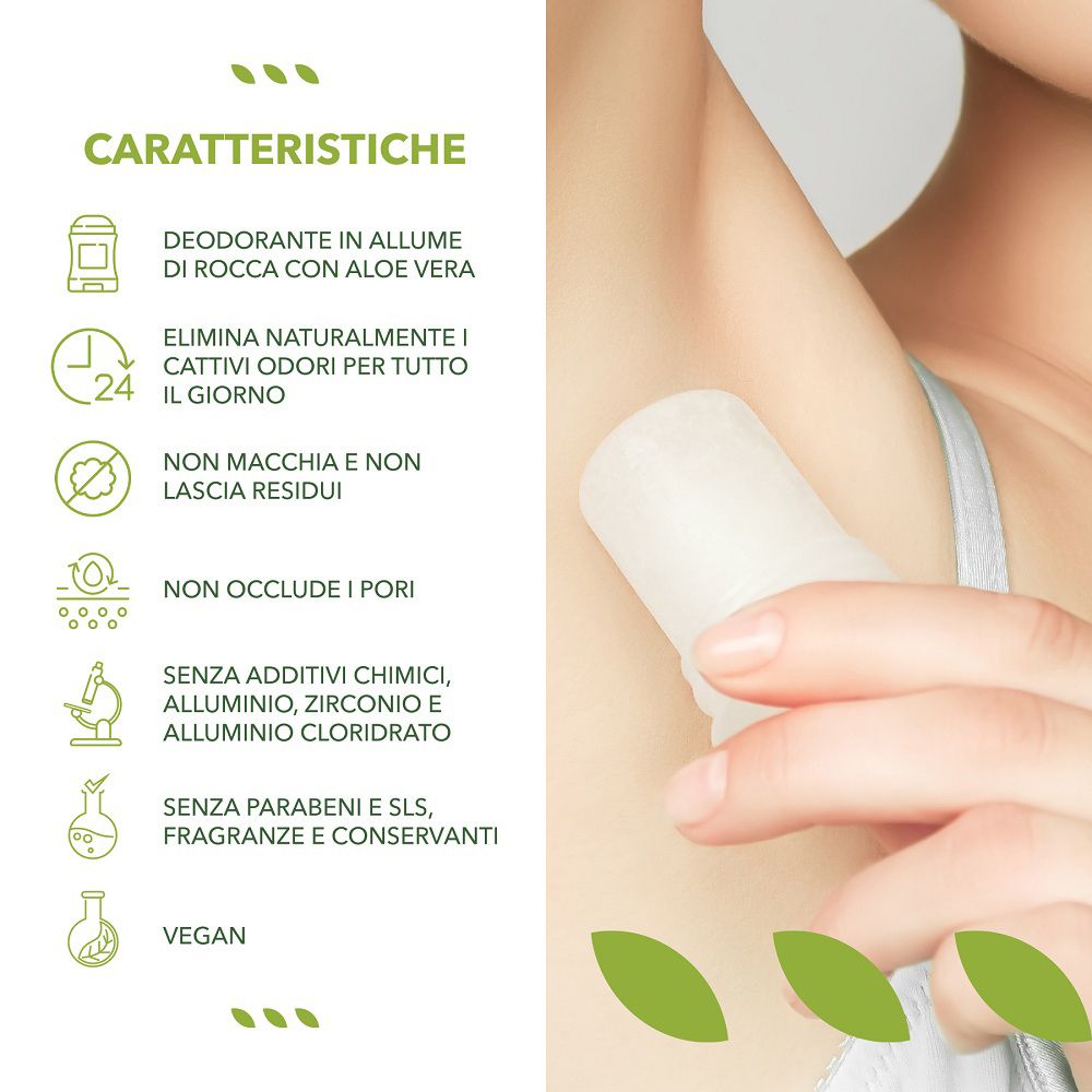 Deodorante stick con Aloe Vera. Caratteristiche: naturale, non macchia, non ostruisce i pori.