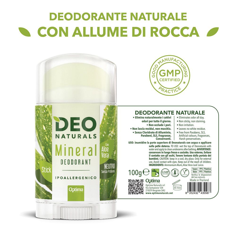 Deodorante stick DeoNaturals Mineral con Aloe Vera, 100g. Certificato GMP.