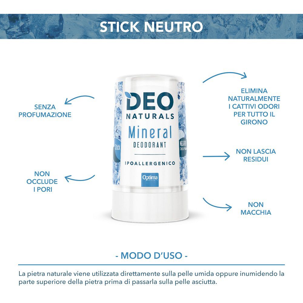 Deodorante stick Deonaturals Mineral: senza profumo, non macchia, non ostruisce i pori.