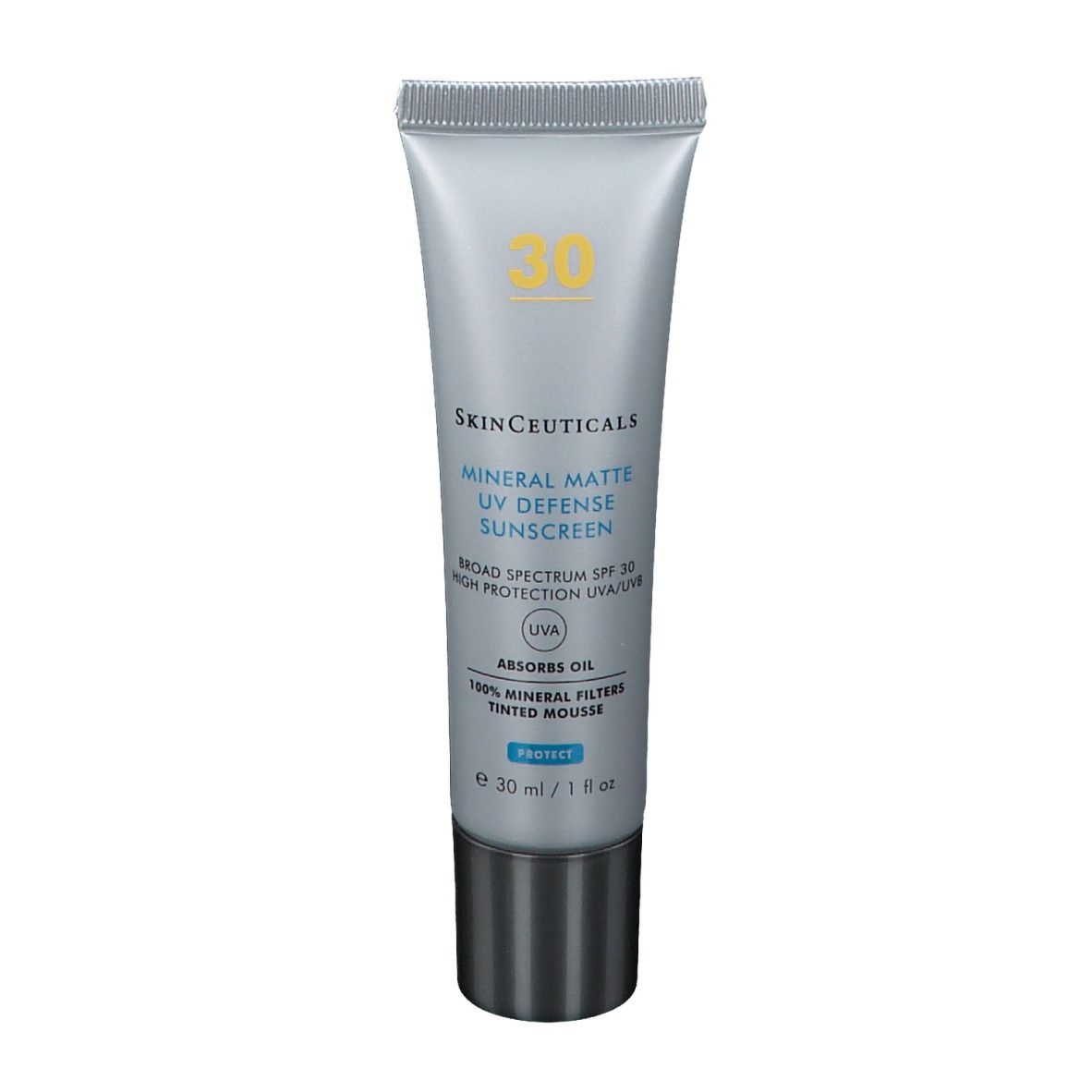 Tubo argento con protezione solare. Scritto: SkinCeuticals Mineral Matte UV Defense Sunscreen SPF 30. 30 ml.