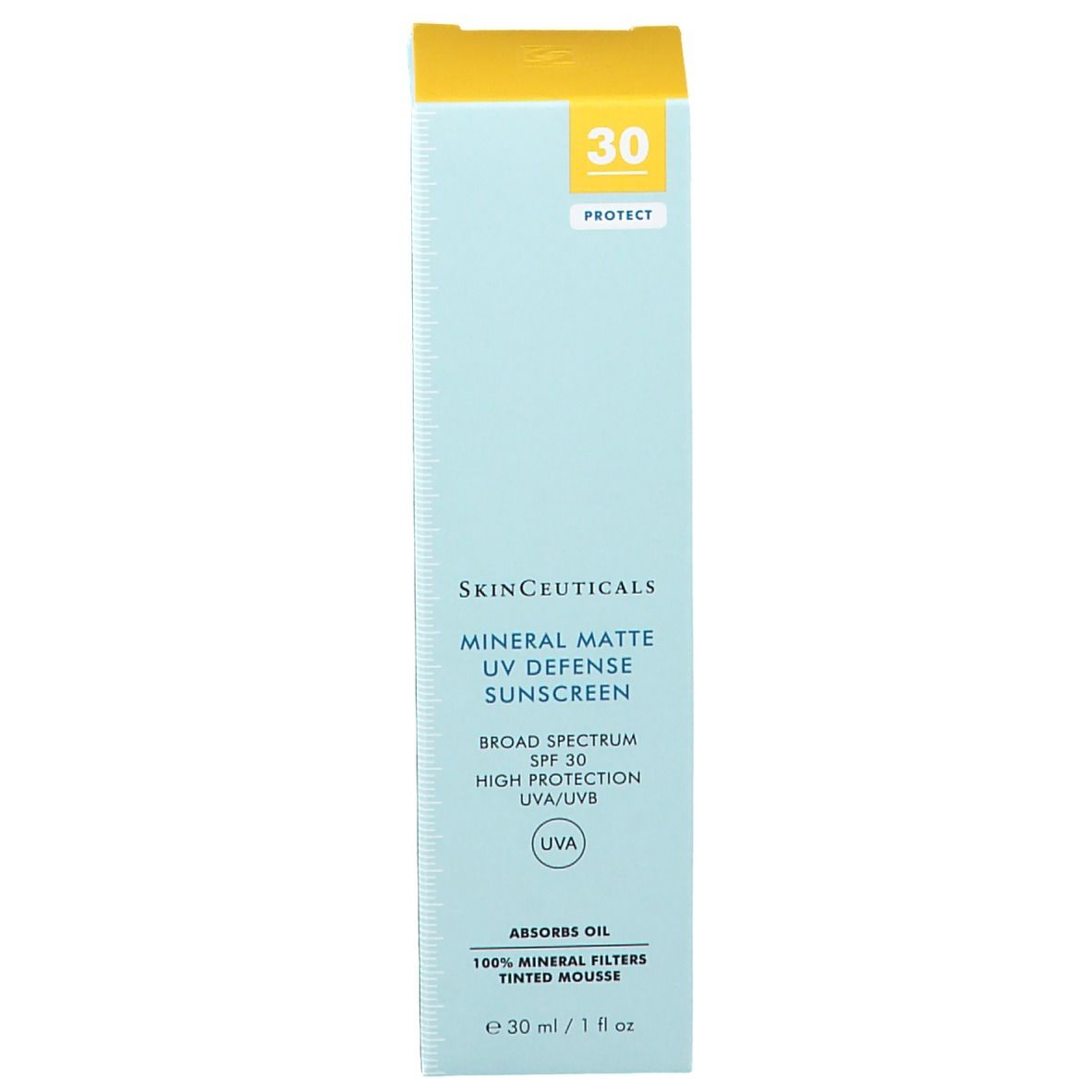 Scatola blu con coperchio giallo. Scritto: SkinCeuticals Mineral Matte UV Defense Sunscreen SPF 30. 30 ml.