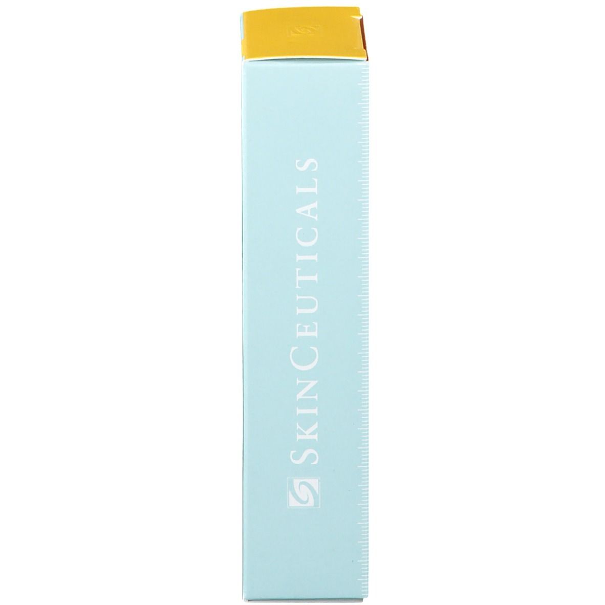 Scatola blu con coperchio giallo. Scritto: SkinCeuticals.
