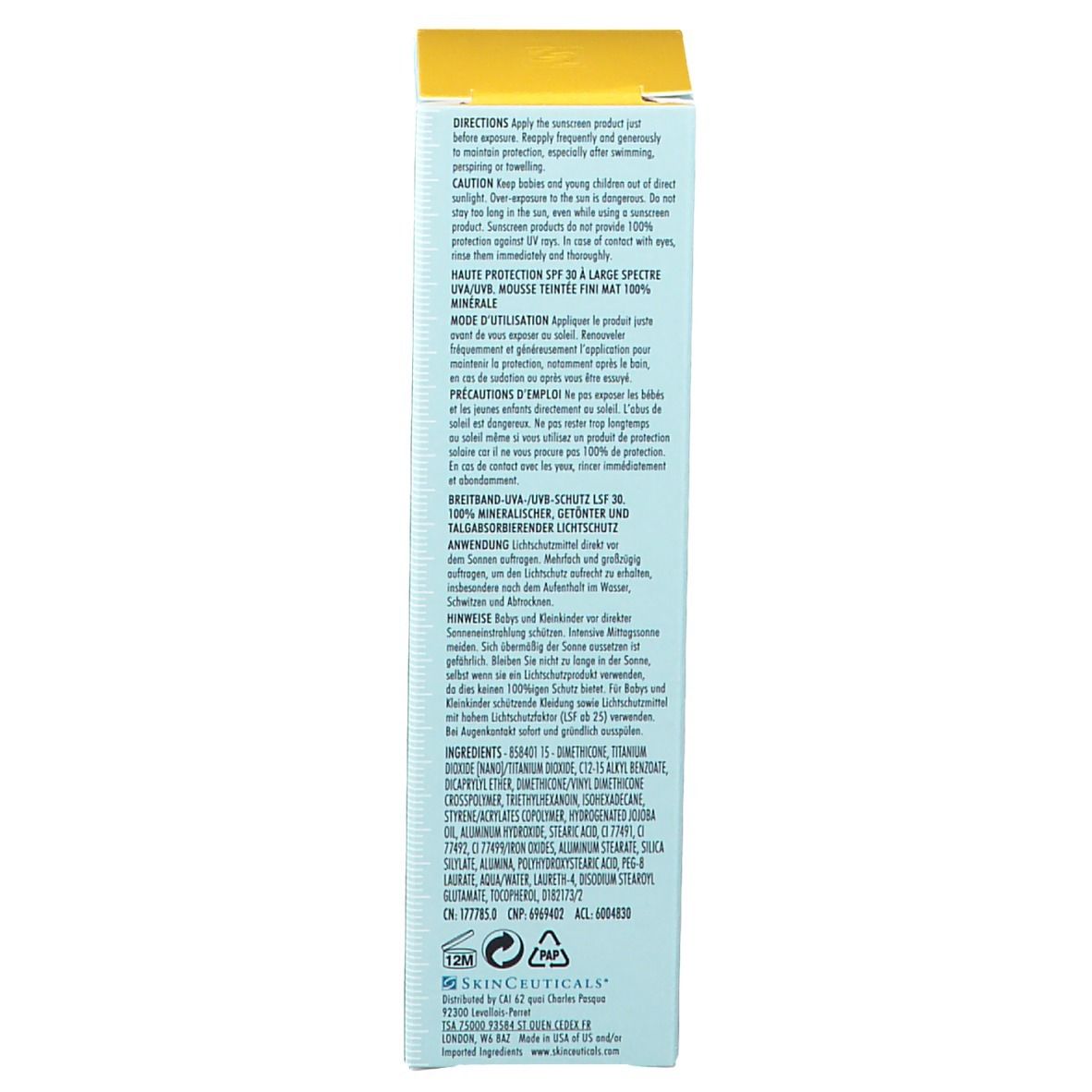 Retro della scatola con testo multilingue. Contiene informazioni sul prodotto e sugli ingredienti.