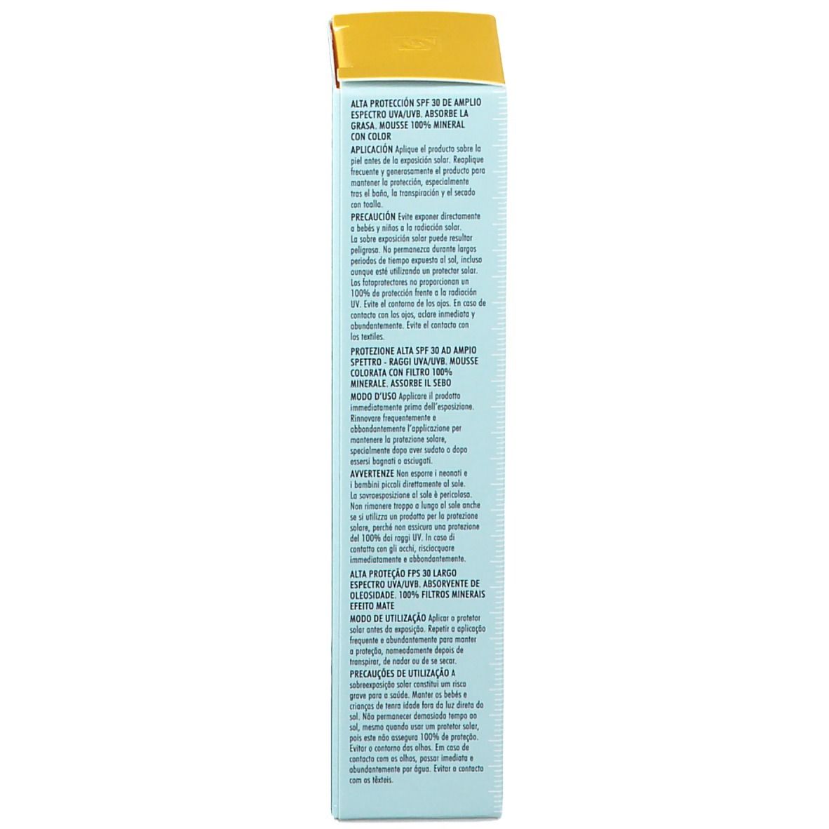 Retro della scatola con testo multilingue. Contiene informazioni sul prodotto e sugli ingredienti.