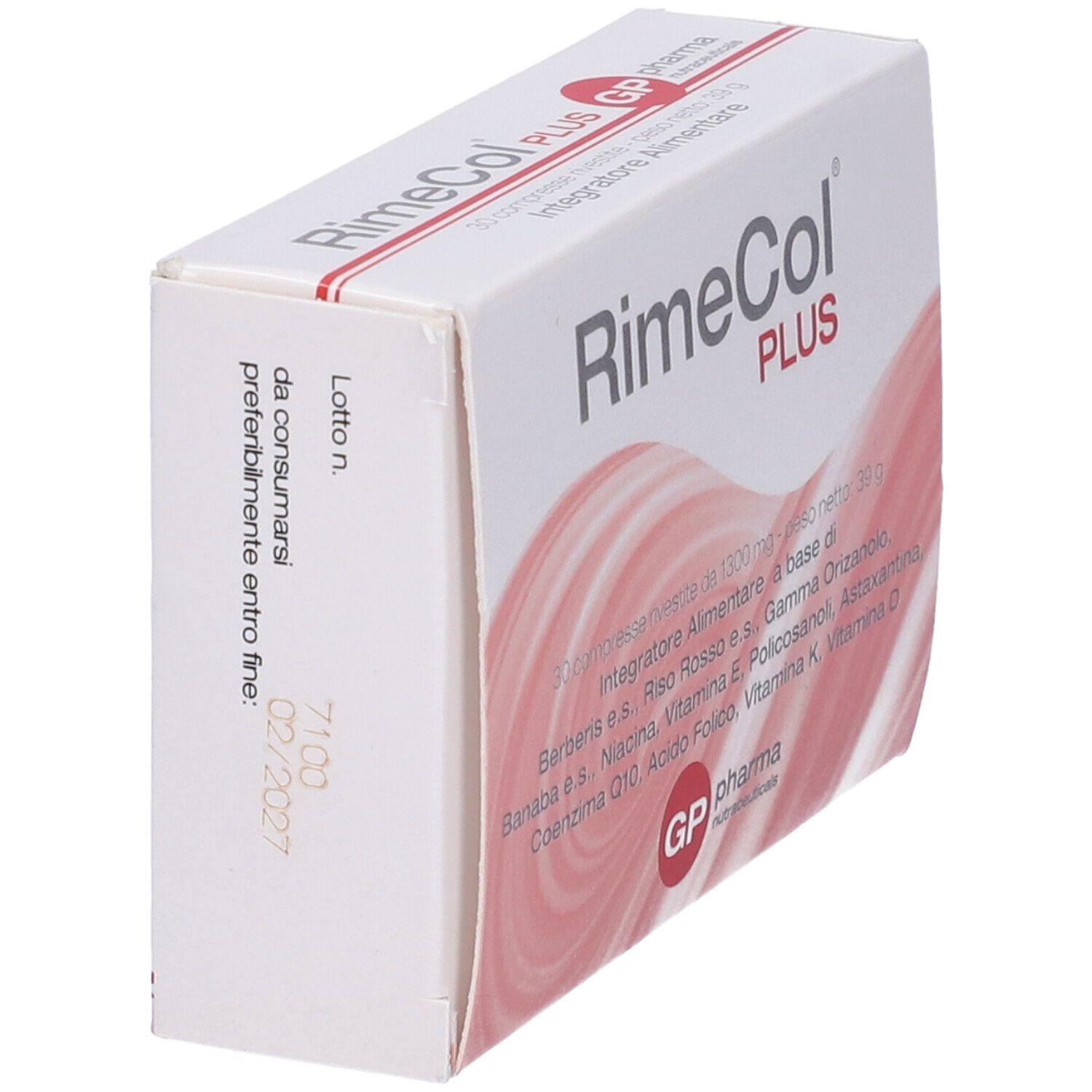 Scatola bianca "RimeCol PLUS". Retro con testo e ingredienti. Marchio "GP pharma nutraceuticals".