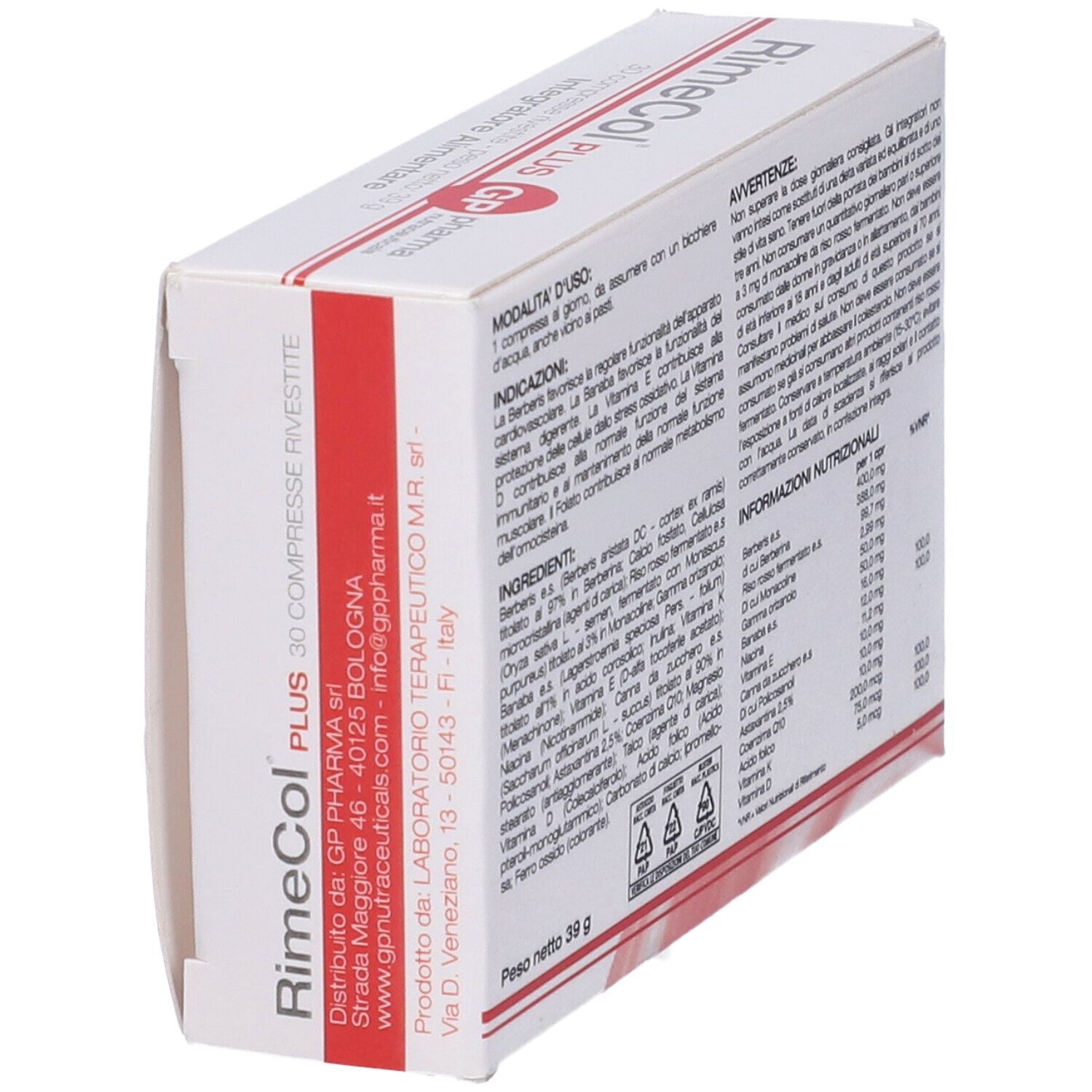 Scatola "RimeCol PLUS" con testo e ingredienti. Marchio "GP pharma nutraceuticals".