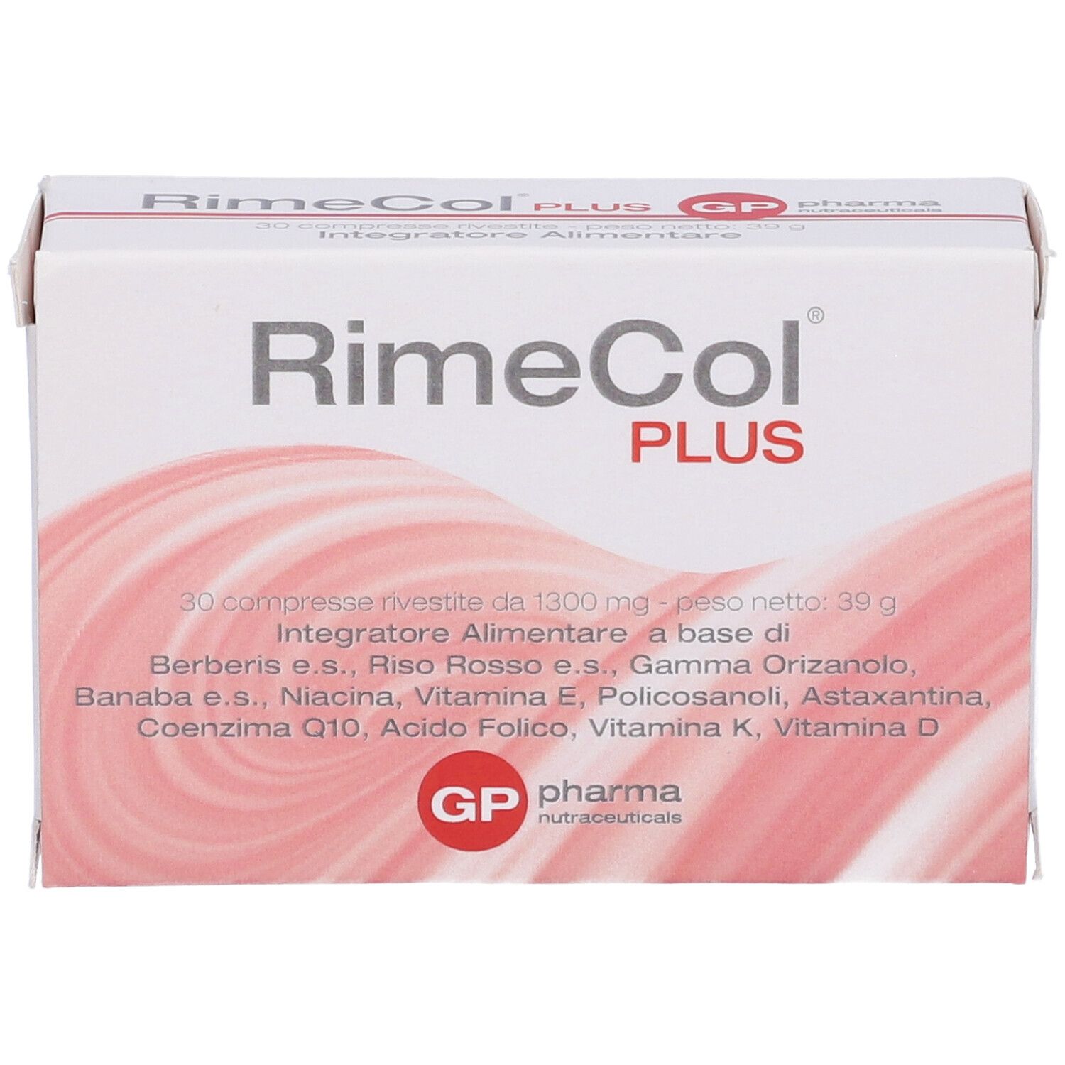 Scatola bianca "RimeCol PLUS". Contiene 30 compresse. Marchio "GP pharma nutraceuticals".
