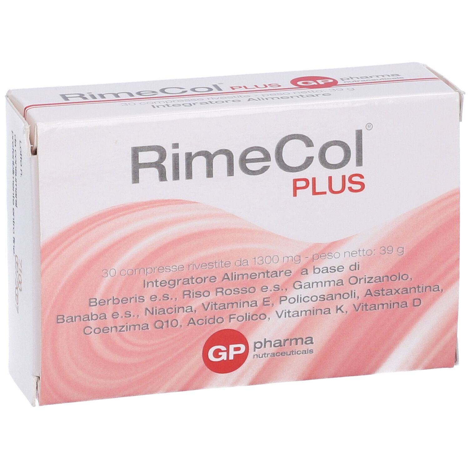 Scatola bianca "RimeCol PLUS". Contiene 30 compresse. Marchio "GP pharma nutraceuticals".