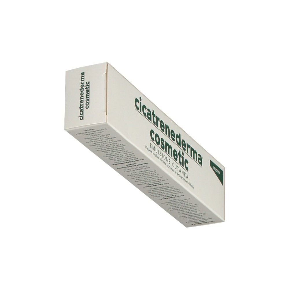 Scatola pieghevole bianca con testo verde. Scritta: Cicatrenederma cosmetic, Emulsione cutanea. Sull'angolo: Nuovo.