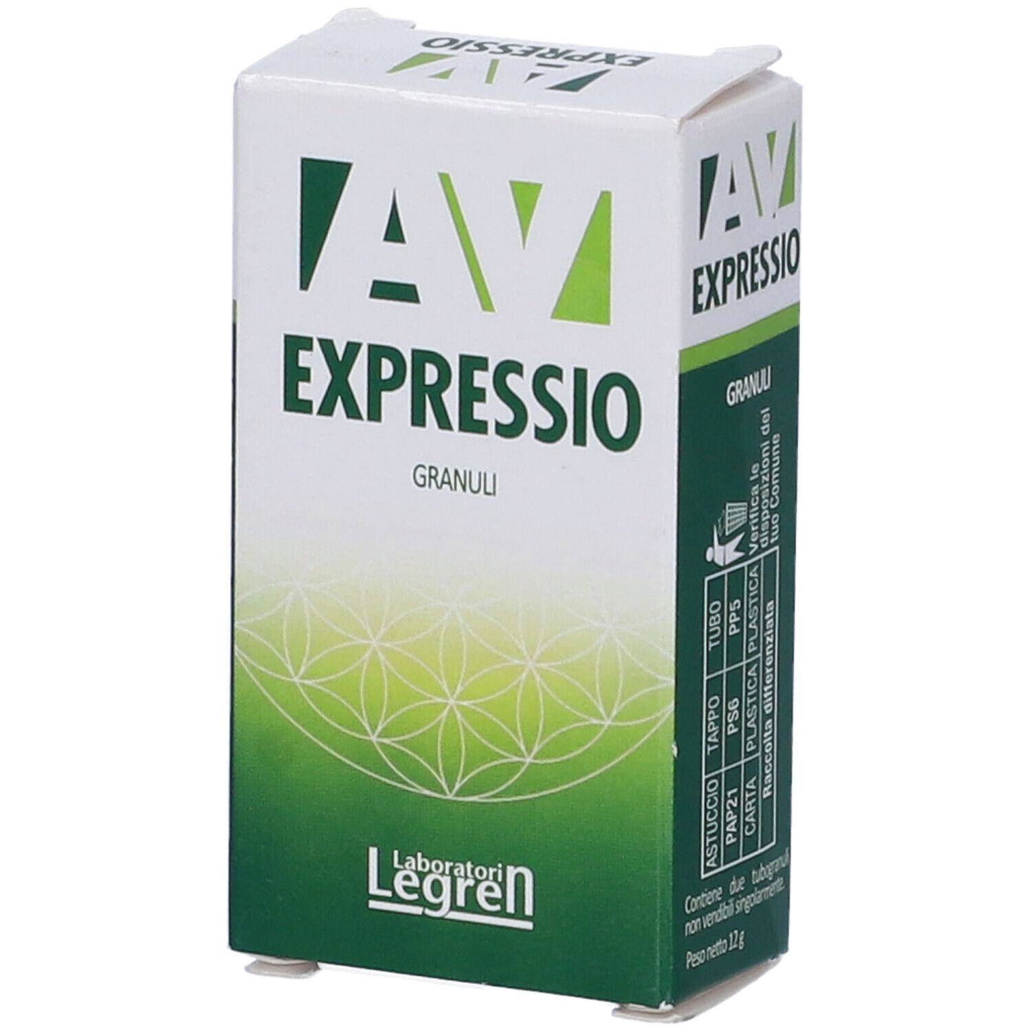 Scatola bianca e verde con logo "AV EXPRESSIO GRANULI". Retro con informazioni e simboli di riciclaggio.