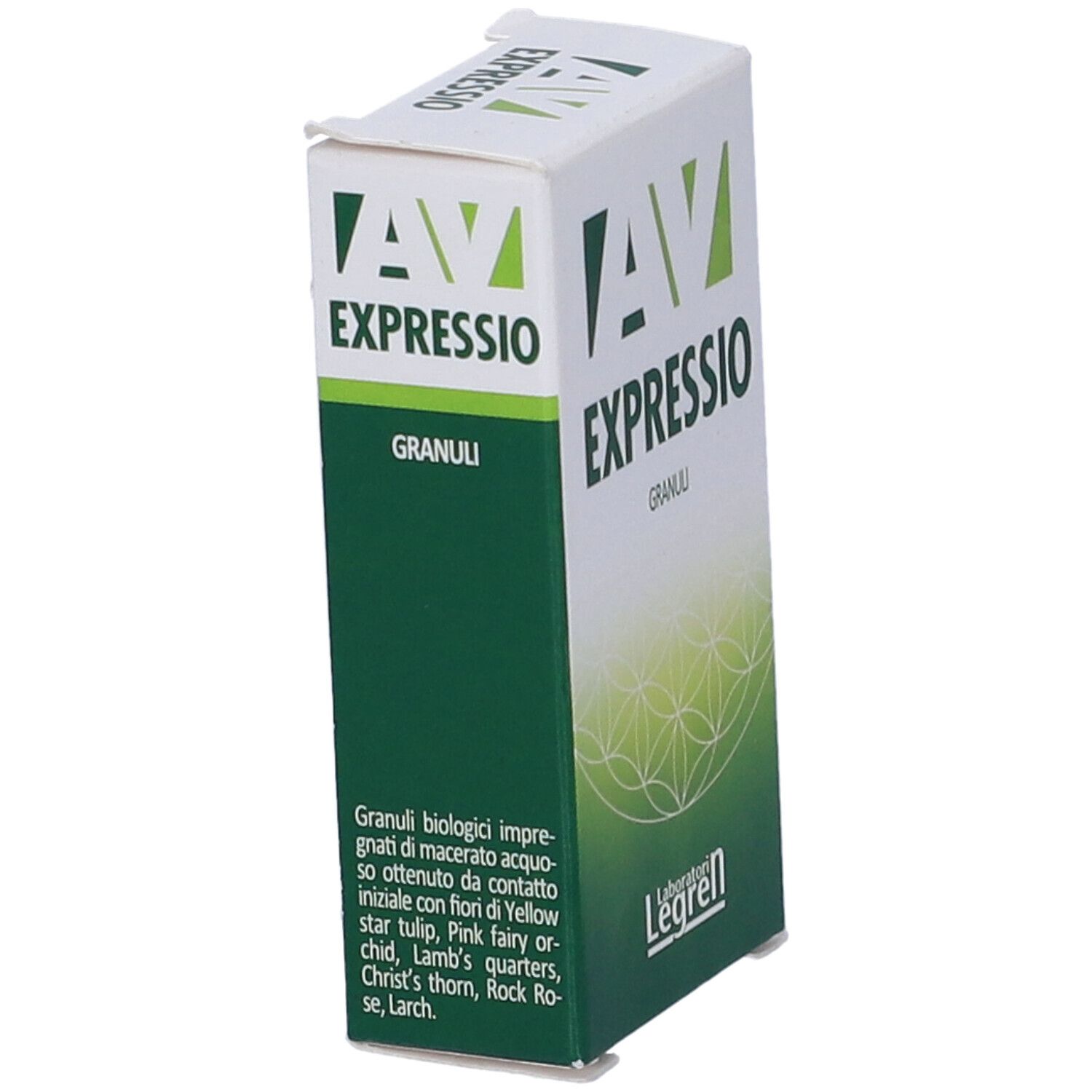 Scatola bianca e verde con logo "AV EXPRESSIO GRANULI". Stampa con ingredienti e informazioni nutrizionali.