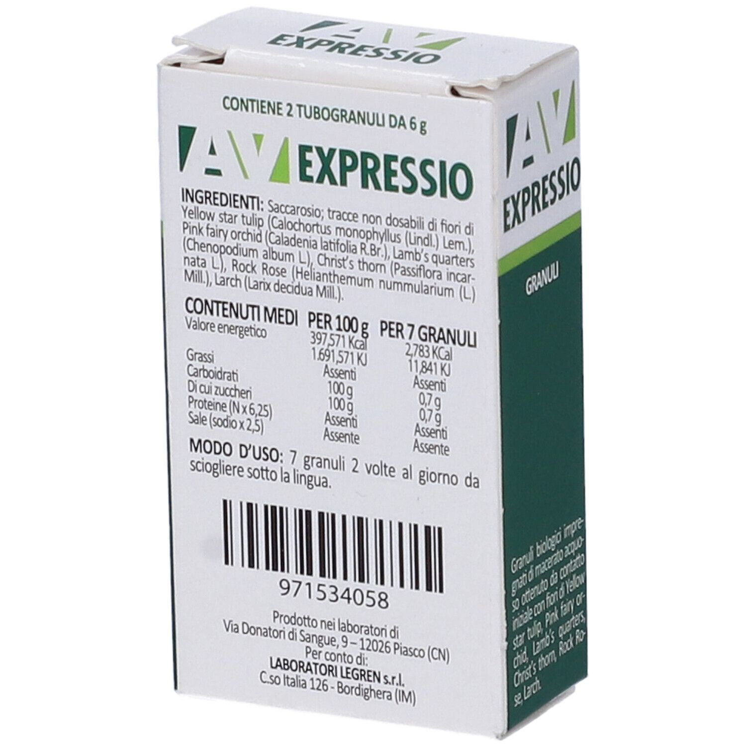 Scatola bianca e verde con logo "AV EXPRESSIO GRANULI". Retro con ingredienti e informazioni nutrizionali.