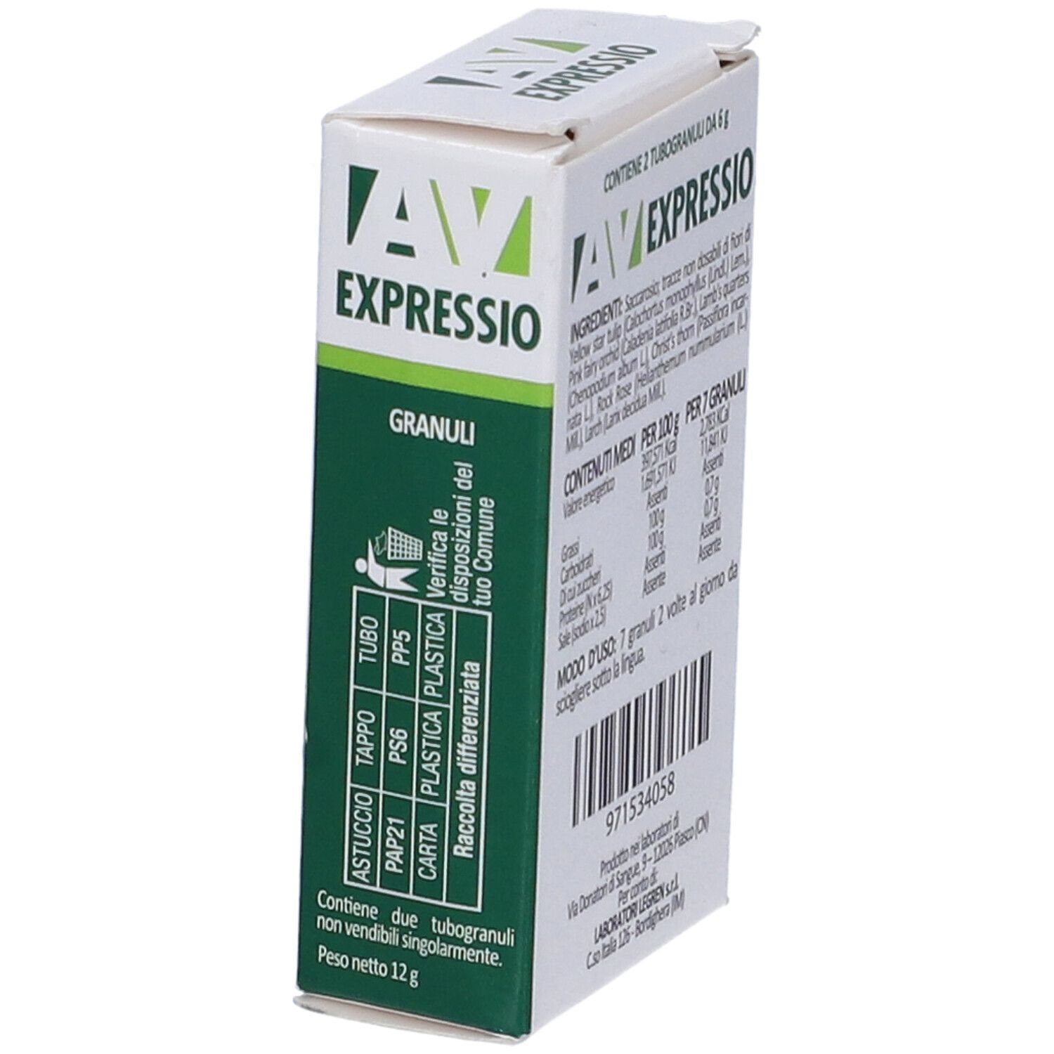 Scatola bianca e verde con logo "AV EXPRESSIO GRANULI". Retro con ingredienti e informazioni nutrizionali.