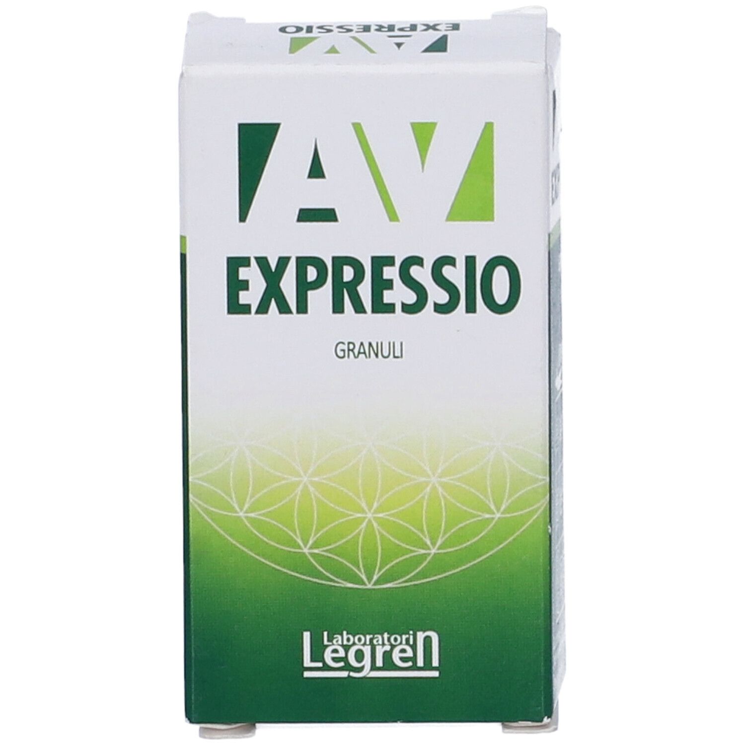 Scatola bianca e verde con logo "AV EXPRESSIO GRANULI". Logo del produttore "Legren".