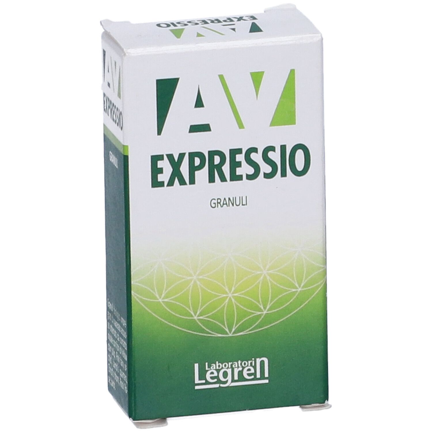 Scatola bianca e verde con logo "AV EXPRESSIO GRANULI". Logo del produttore "Legren".