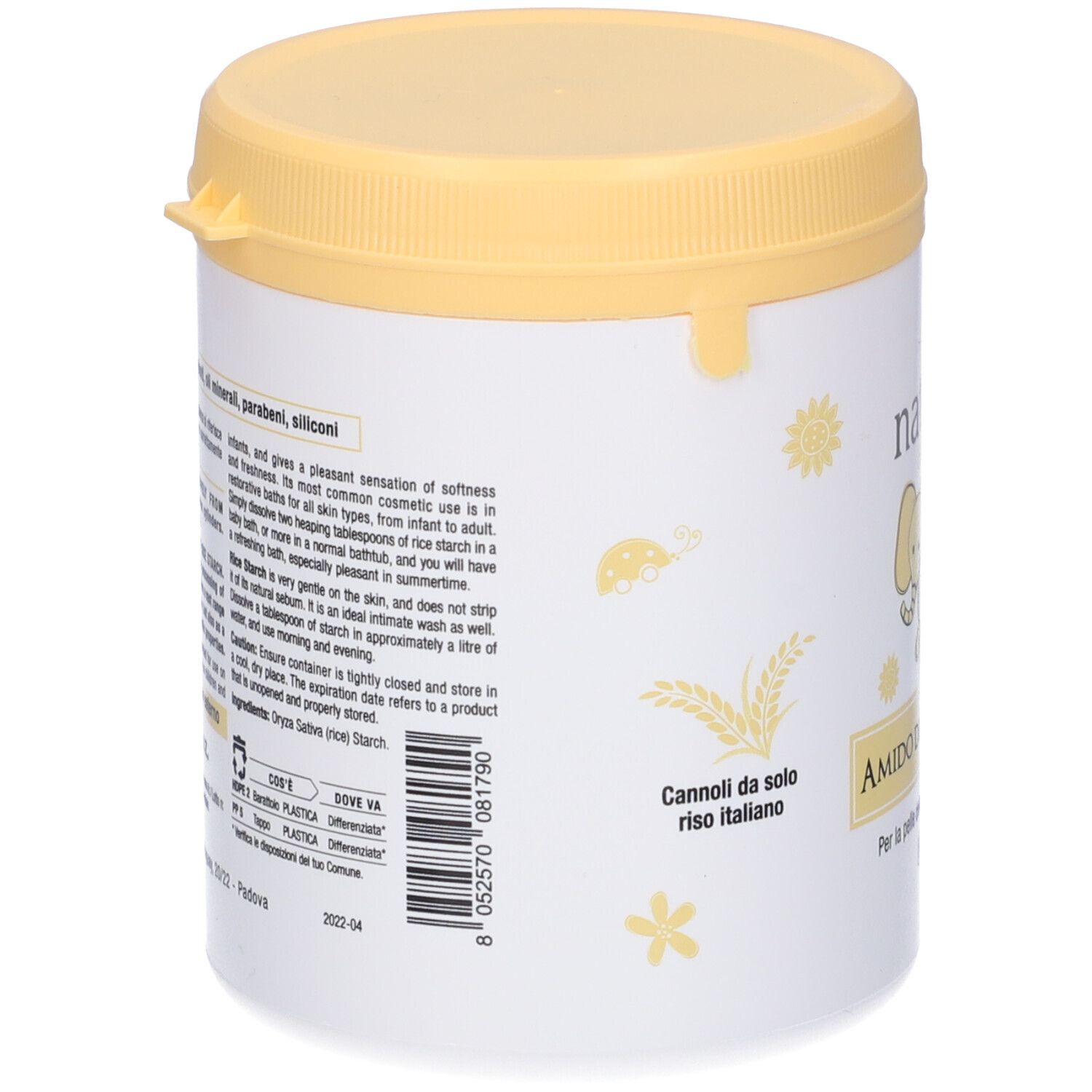 Contenitore bianco con coperchio giallo. Scritte e testo. Retro con testo e codice a barre.
