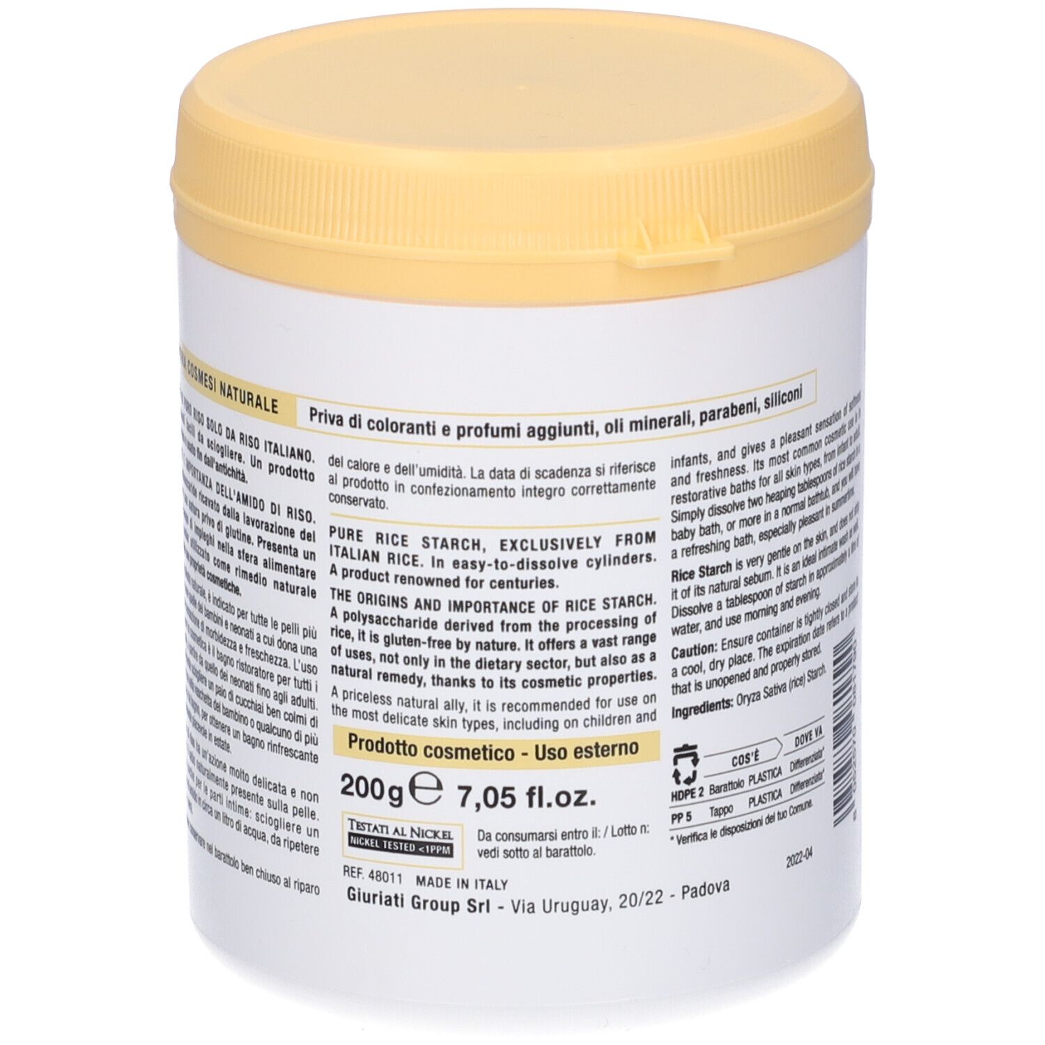 Contenitore bianco con coperchio giallo. Testo e scritte. Scritta: 200g, 7,05 fl.oz. Prodotto in Italia.