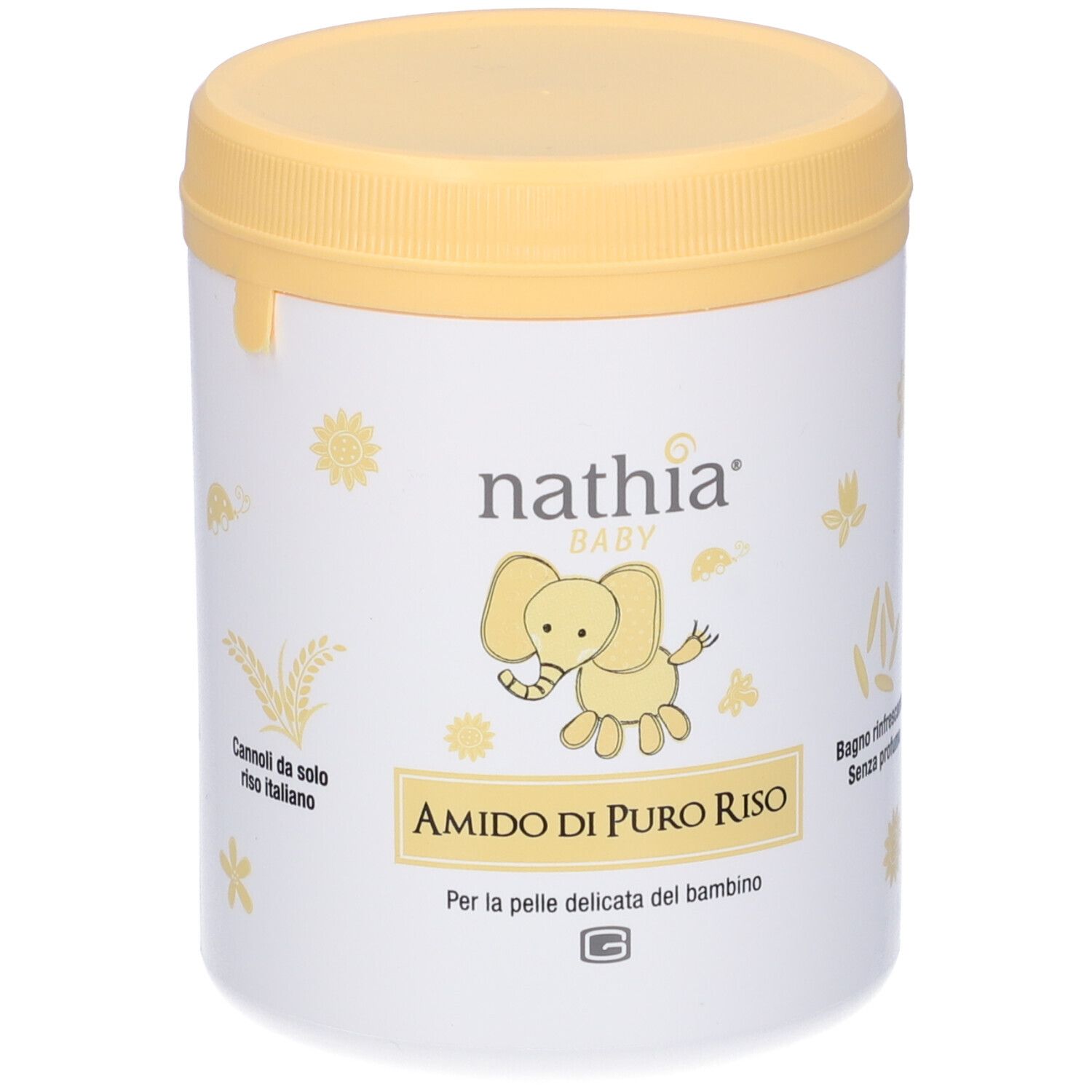 Contenitore bianco con coperchio giallo. Scritta: Nathia Baby, Amido di Puro Riso. Illustrazione: Elefante.