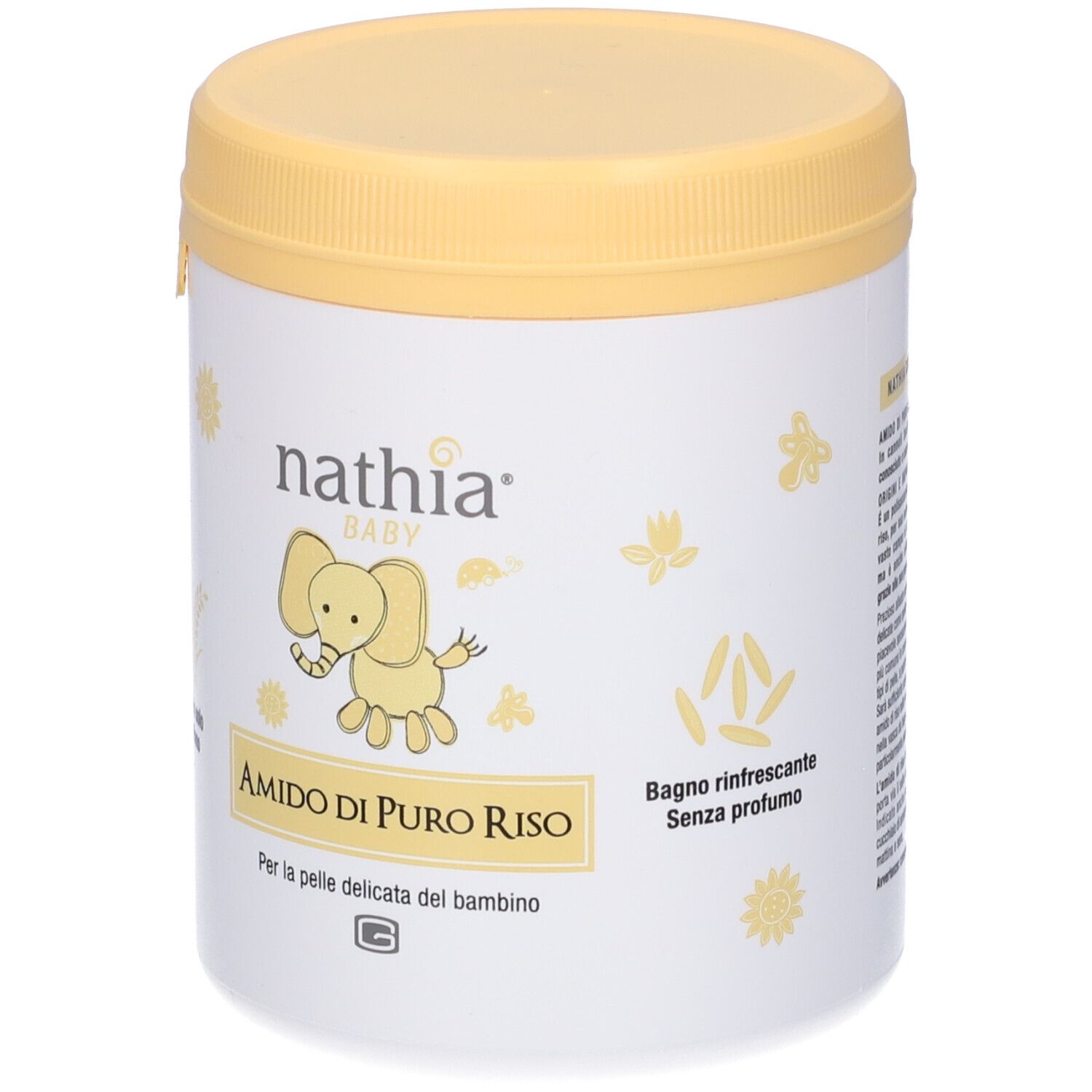 Contenitore bianco con coperchio giallo. Scritta: Nathia Baby, Amido di Puro Riso. Testo: bagno rinfrescante senza profumo.