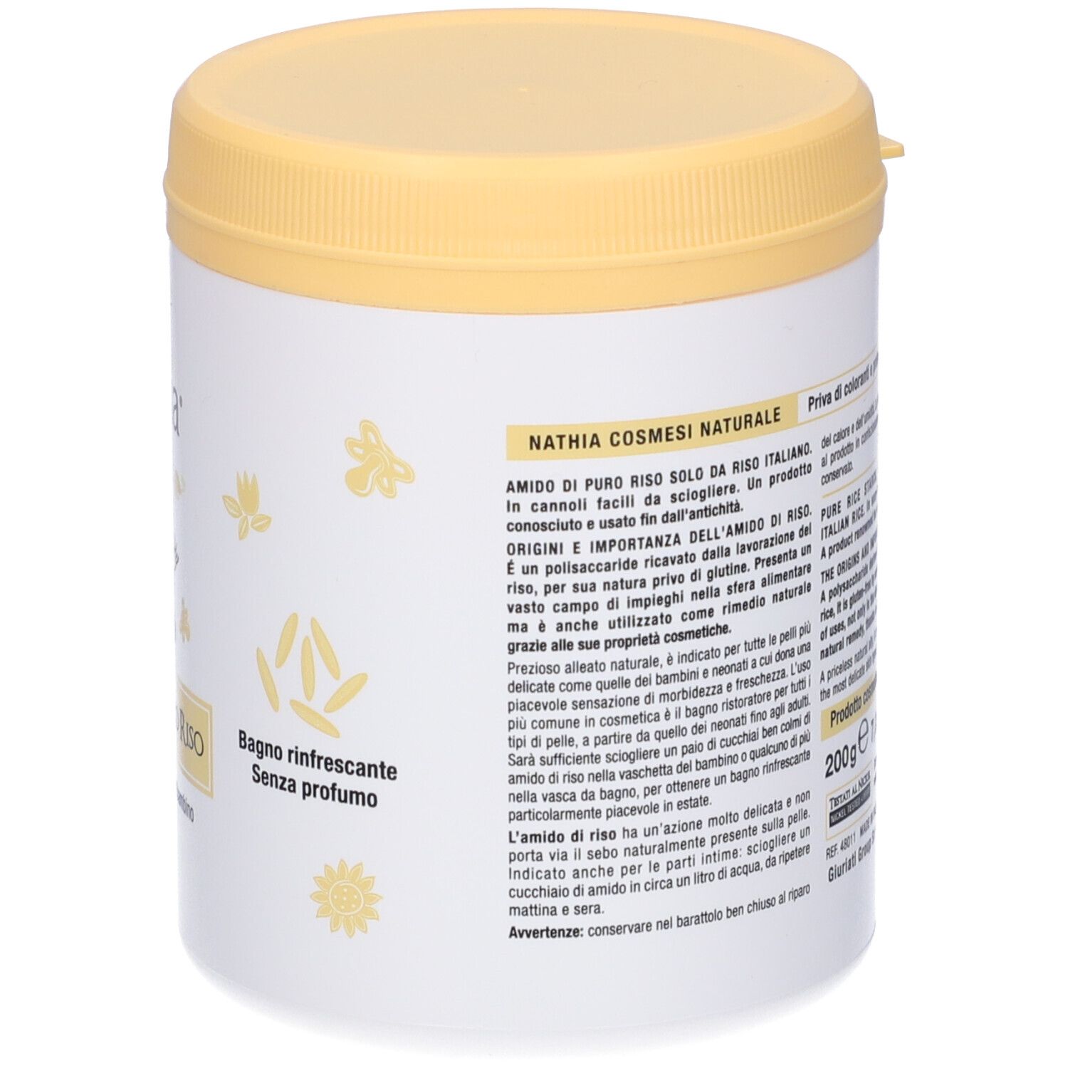 Contenitore bianco con coperchio giallo. Testo e scritte. Scritta: 200g. Testo: bagno rinfrescante senza profumo.