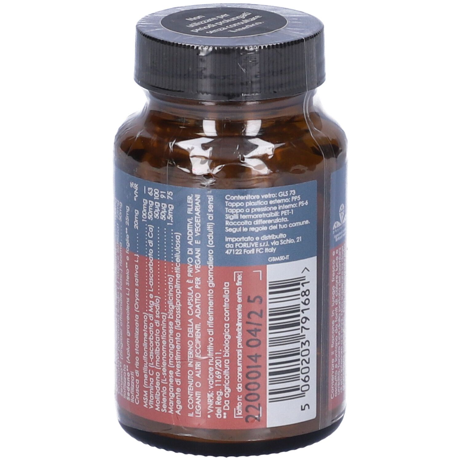 Flacone di vetro marrone con tappo nero. Etichetta con ingredienti e informazioni. Retro.