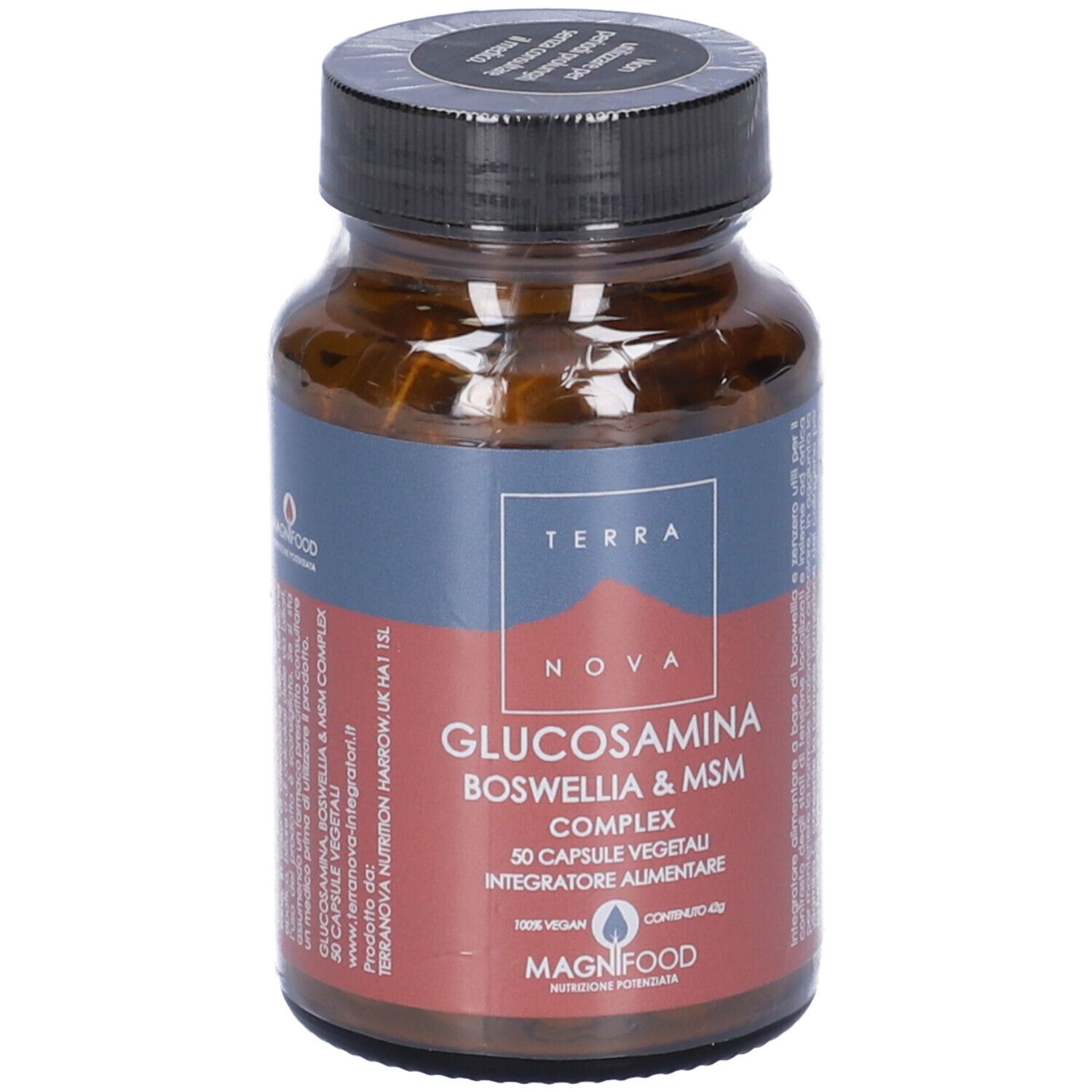 Flacone di vetro marrone con tappo nero. Etichetta con nome del prodotto e logo. 50 capsule. Vegano.