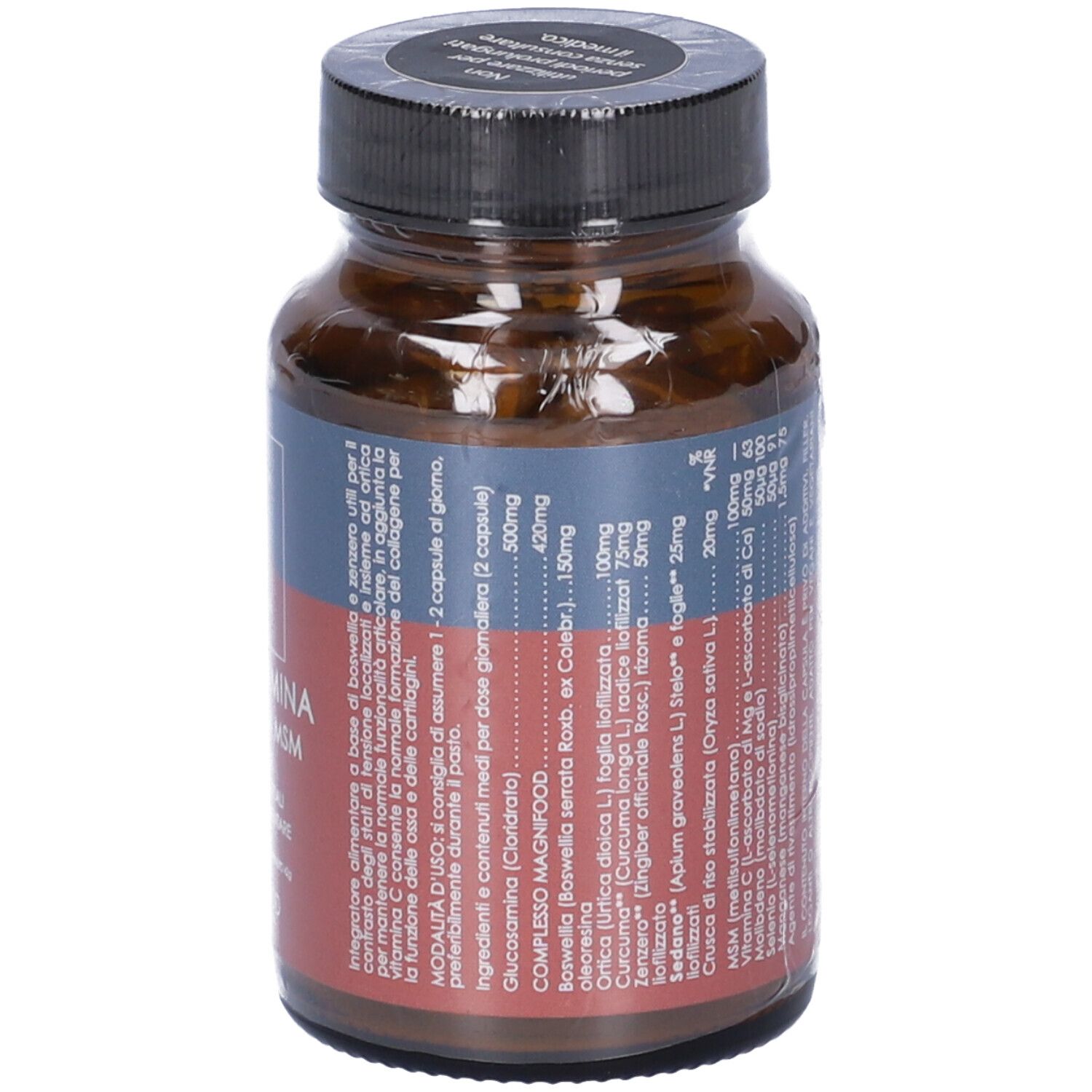Flacone di vetro marrone con tappo nero. Etichetta con informazioni sul prodotto. Testo sul retro.