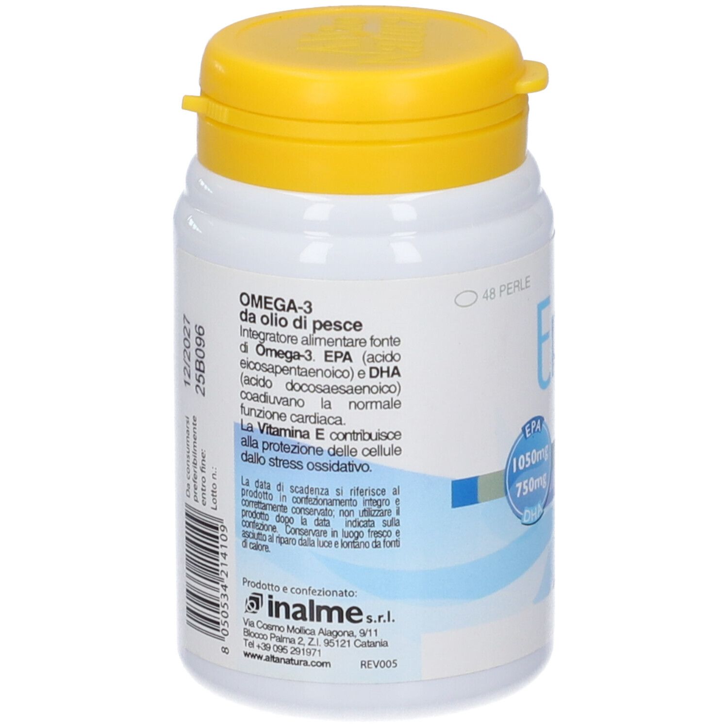 Retro del flacone bianco con tappo giallo. Testo: Omega-3 da olio di pesce. Contiene EPA e DHA. Marchio: Alta Natura. Data di scadenza.