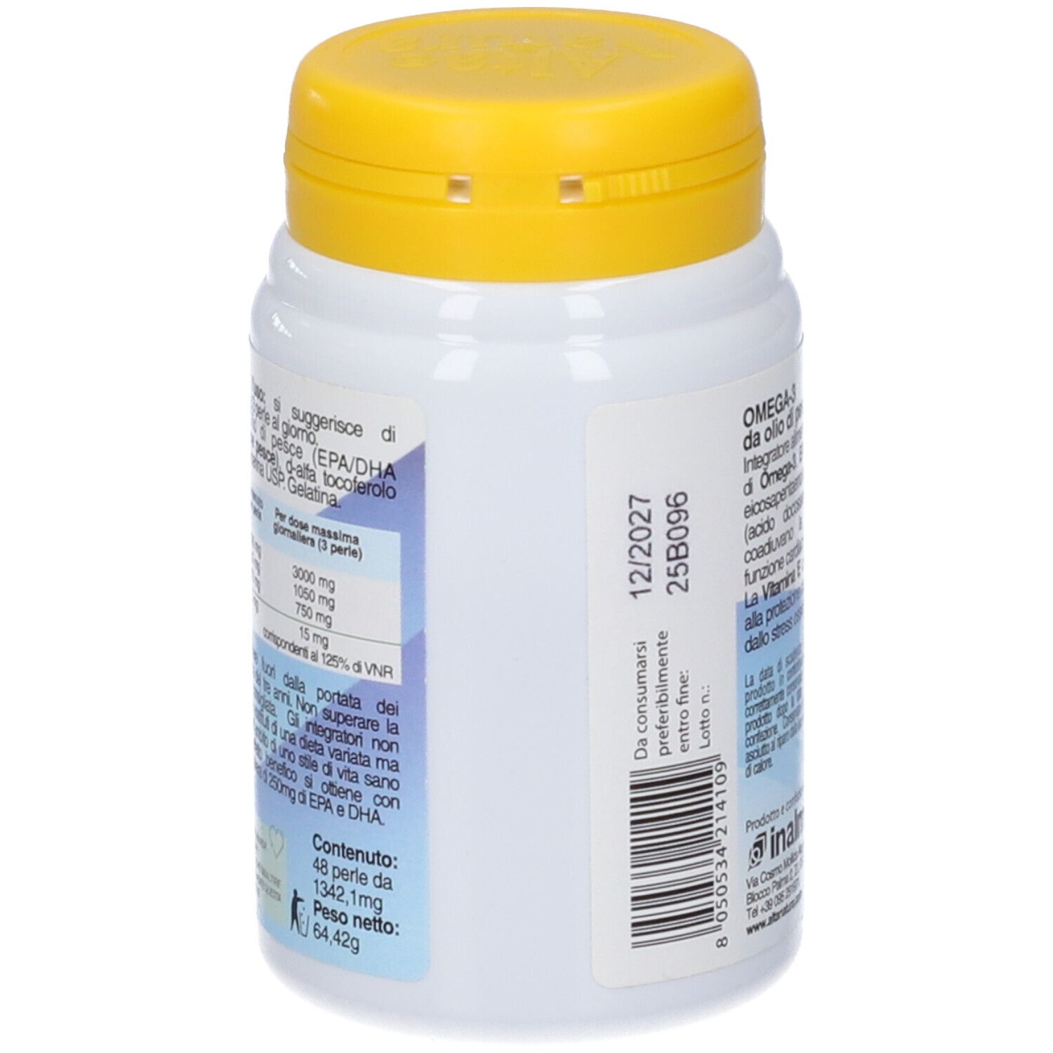Retro del flacone bianco con tappo giallo. Testo: Omega-3, EPA/DHA. Contiene 48 perle. Peso: 64,42g. Data di scadenza.