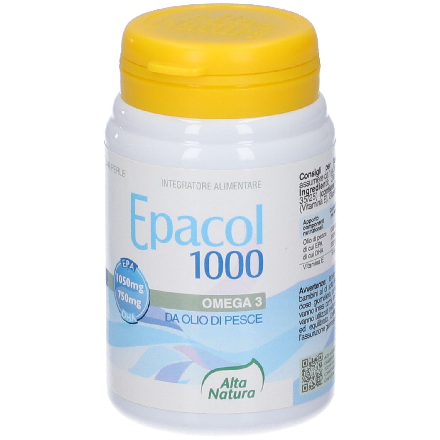 Flacone bianco con tappo giallo. Scritta: Epacol 1000, Omega 3, da olio di pesce. Marchio: Alta Natura. Contiene 48 perle.