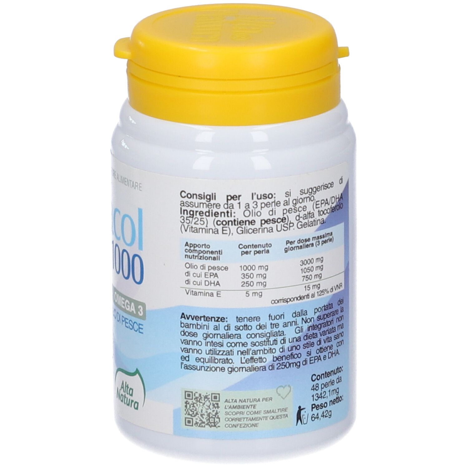 Retro del flacone bianco con tappo giallo. Testo: Omega-3, EPA/DHA. Contiene 48 perle. Peso: 64,42g. Raccomandazioni di dosaggio.
