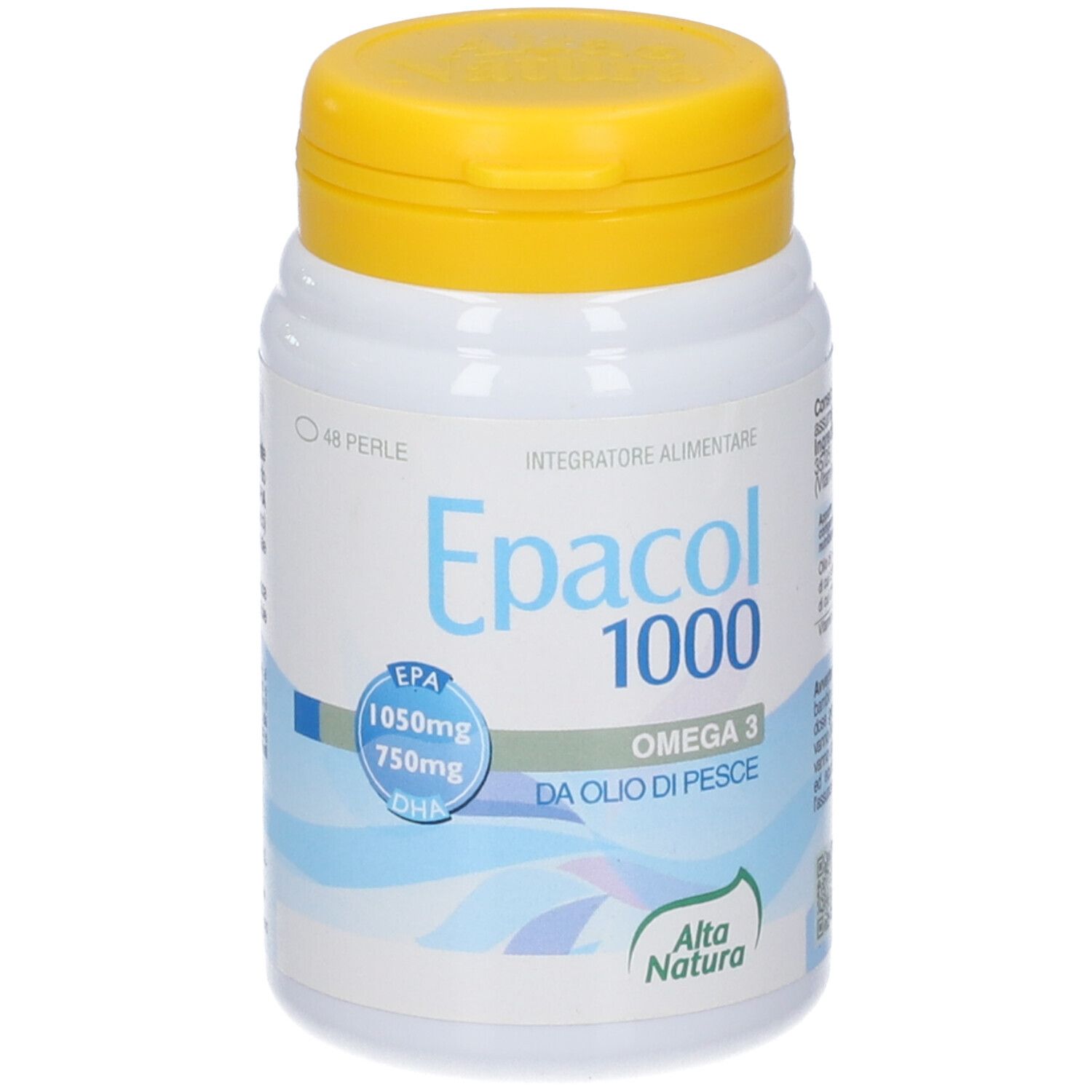 Flacone bianco con tappo giallo. Scritta: Epacol 1000, Omega 3, da olio di pesce. Marchio: Alta Natura. Contiene 48 perle.