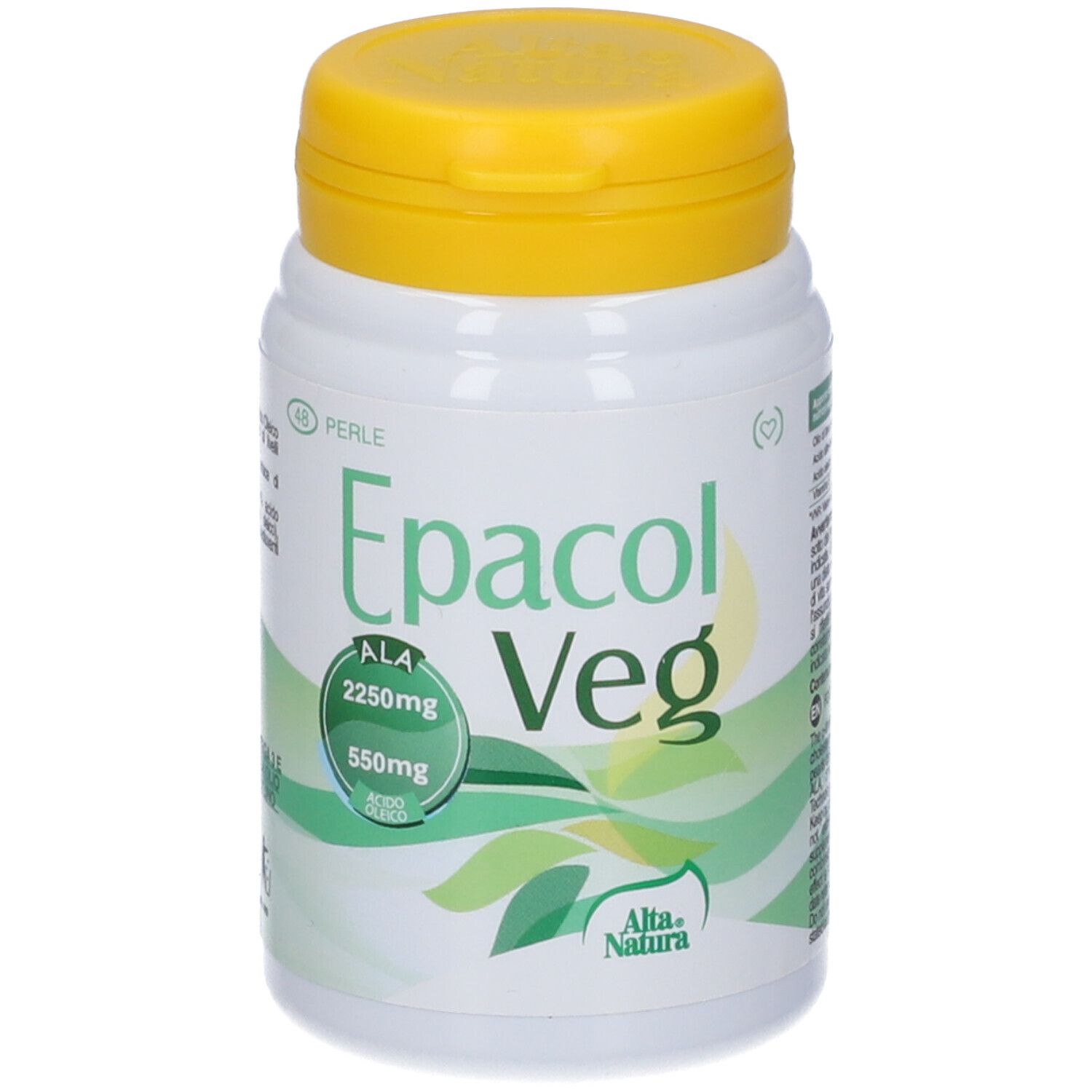 Flacone bianco con tappo giallo. Scritta Epacol Veg, con ALA 2250mg e 550mg. Marchio Alta Natura.