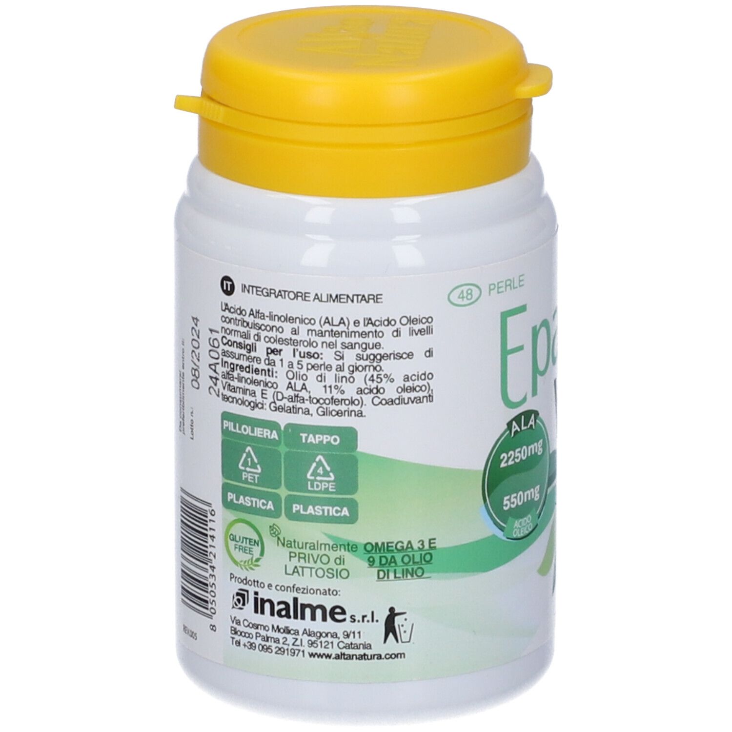 Flacone bianco con tappo giallo. Scritta Epacol Veg, con ALA 2250mg e 550mg. Retro con testo e codice a barre.