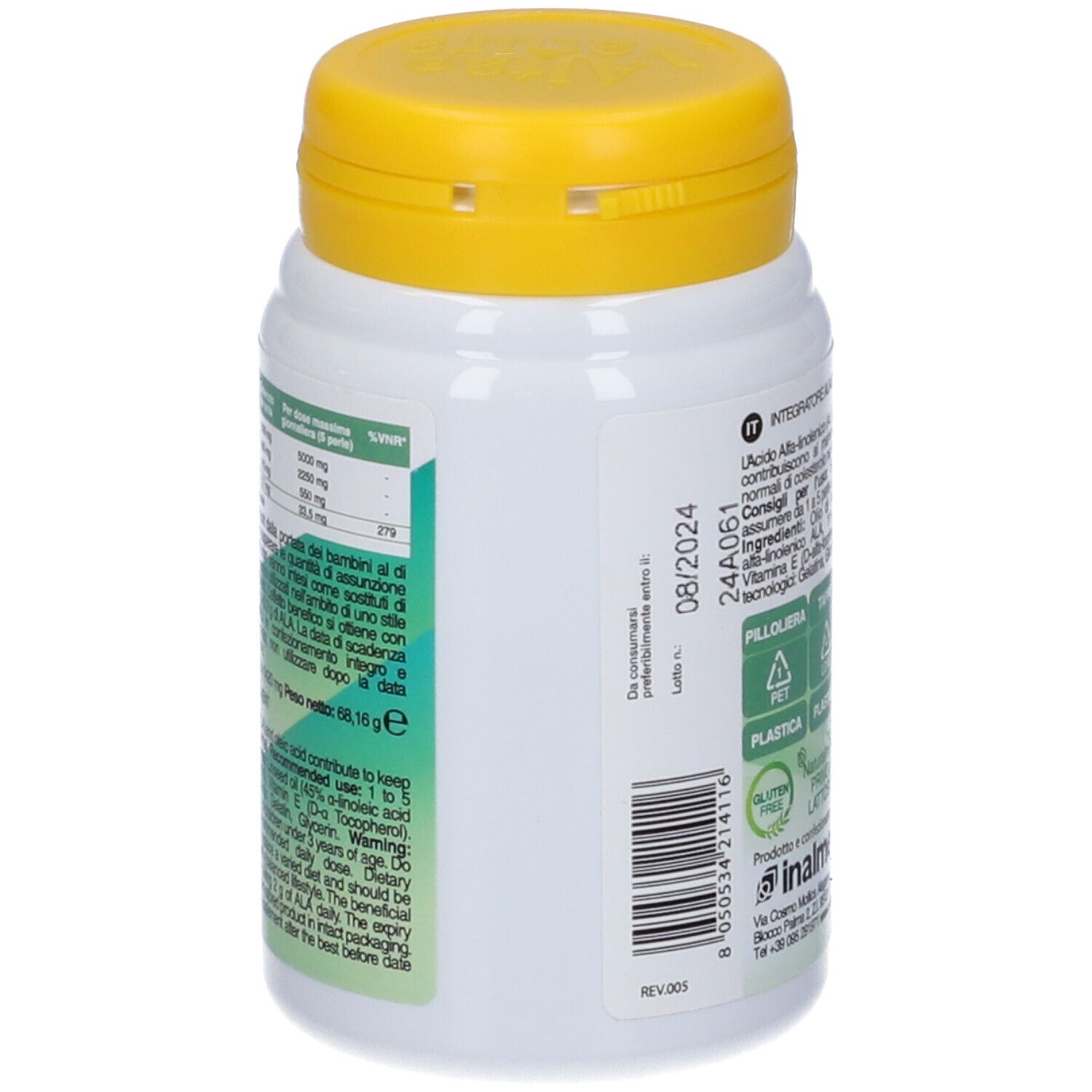 Flacone bianco con tappo giallo. Scritta Epacol Veg, con ALA 2250mg e 550mg. Retro con testo e codice a barre.