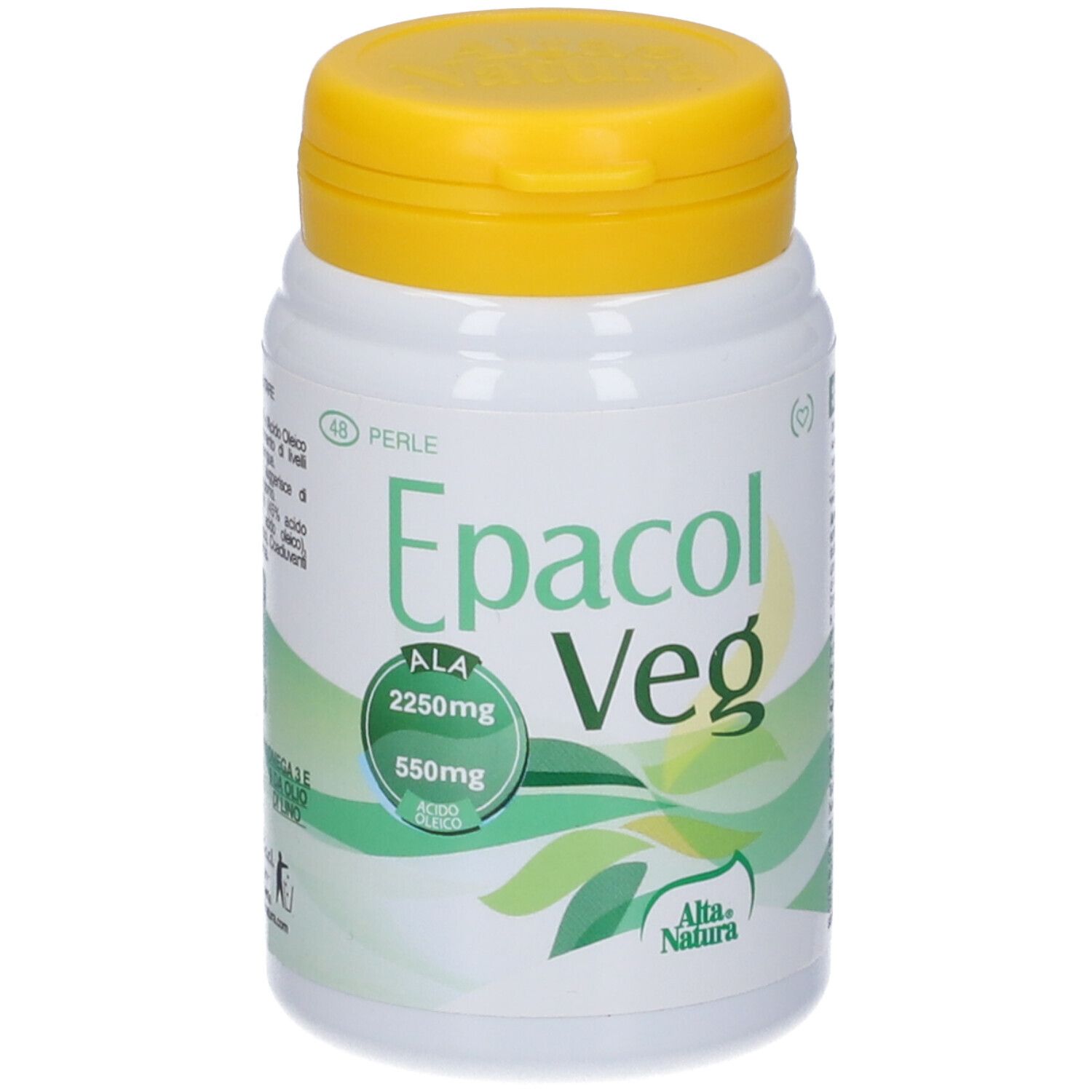Flacone bianco con tappo giallo. Scritta Epacol Veg, con ALA 2250mg e 550mg. Marchio Alta Natura.