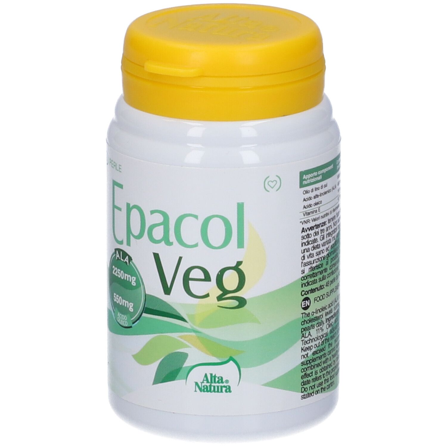 Flacone bianco con tappo giallo. Scritta Epacol Veg, con ALA 2250mg e 550mg. Marchio Alta Natura.
