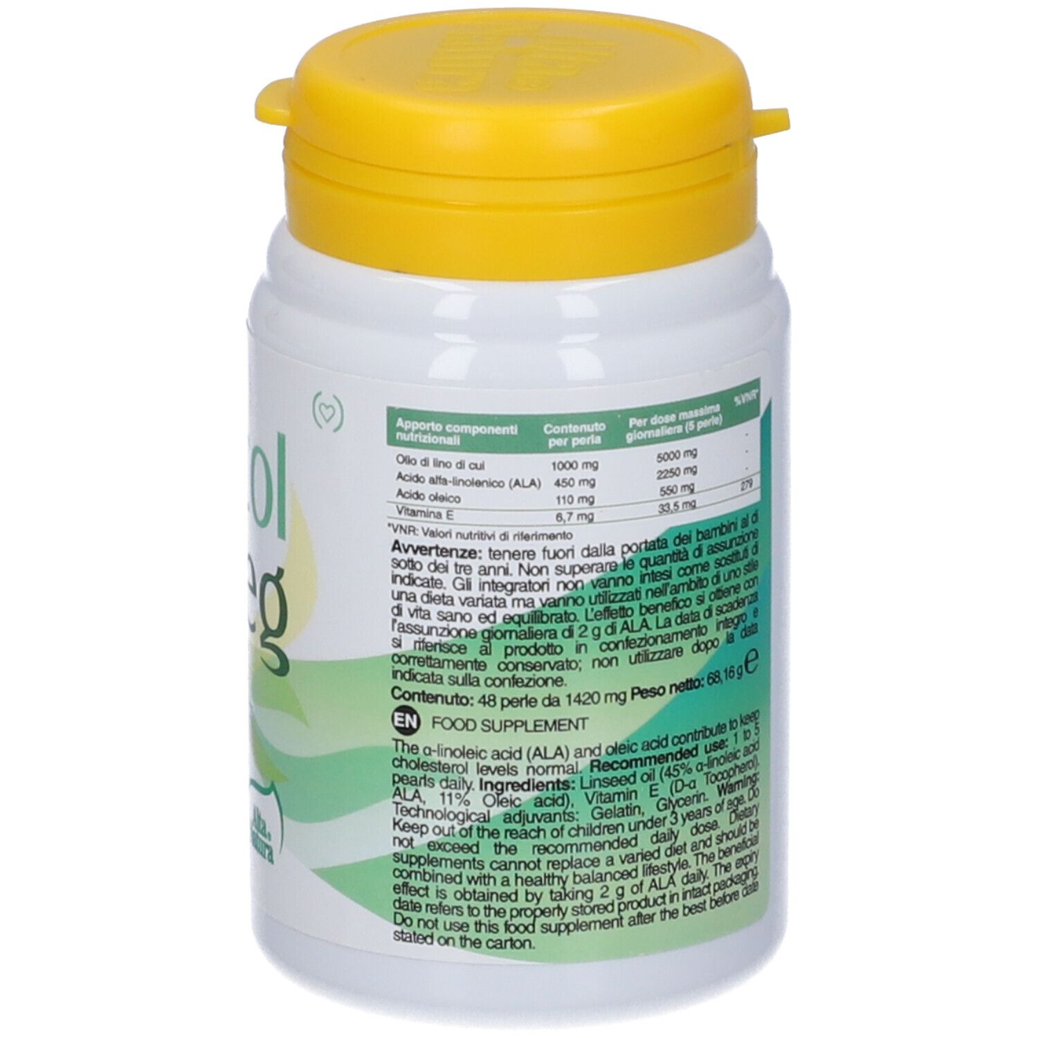 Flacone bianco con tappo giallo. Scritta Epacol Veg, con ALA 2250mg e 550mg. Retro con testo.