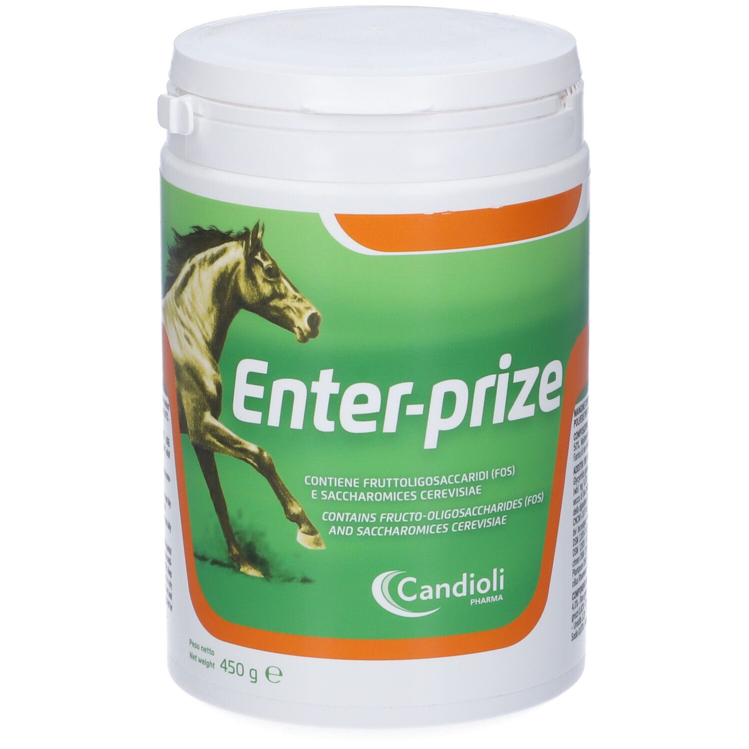 Barattolo bianco con etichetta verde. Scritta: Enter-prize, illustrazione di cavallo, Candoli Pharma. Contiene frutto-oligosaccaridi e lievito vivo.