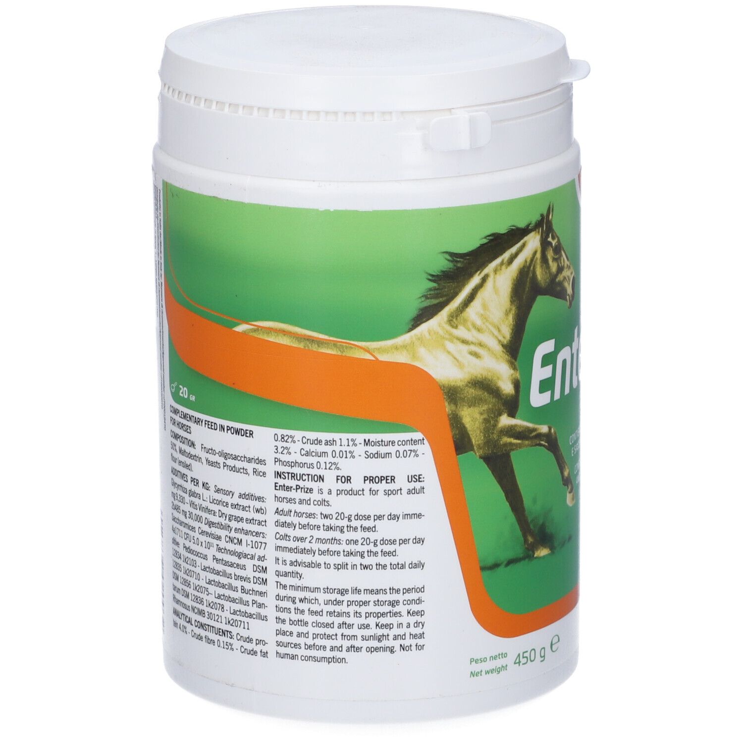 Barattolo bianco con etichetta verde. Scritta: Enter-prize, illustrazione di cavallo, Candoli Pharma. Contiene frutto-oligosaccaridi e lievito vivo.