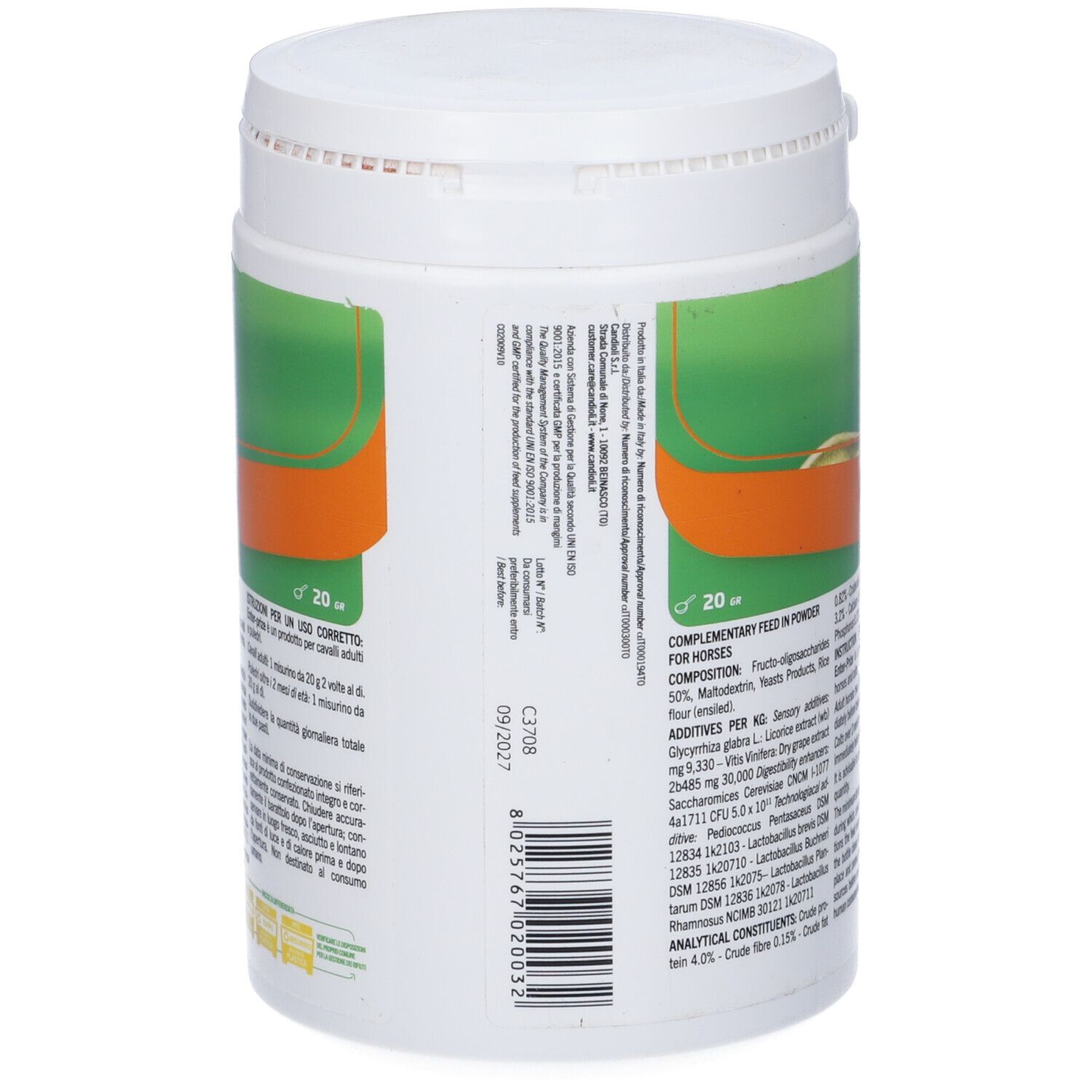Barattolo bianco con etichetta verde. Scritta: Enter-prize, illustrazione di cavallo, Candoli Pharma. Contiene frutto-oligosaccaridi e lievito vivo.