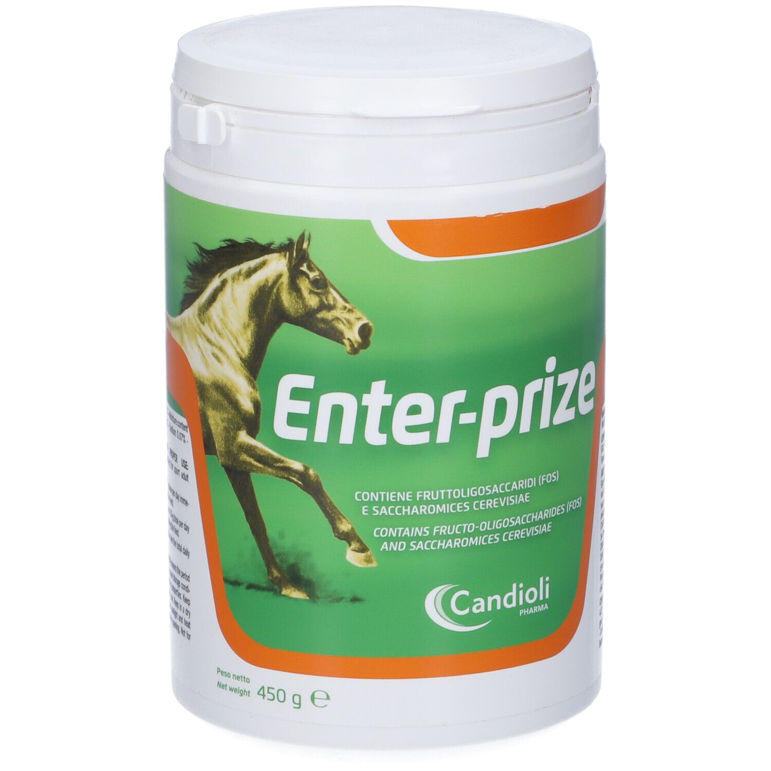 Barattolo bianco con etichetta verde. Scritta: Enter-prize, illustrazione di cavallo, Candoli Pharma. Contiene frutto-oligosaccaridi e lievito vivo.